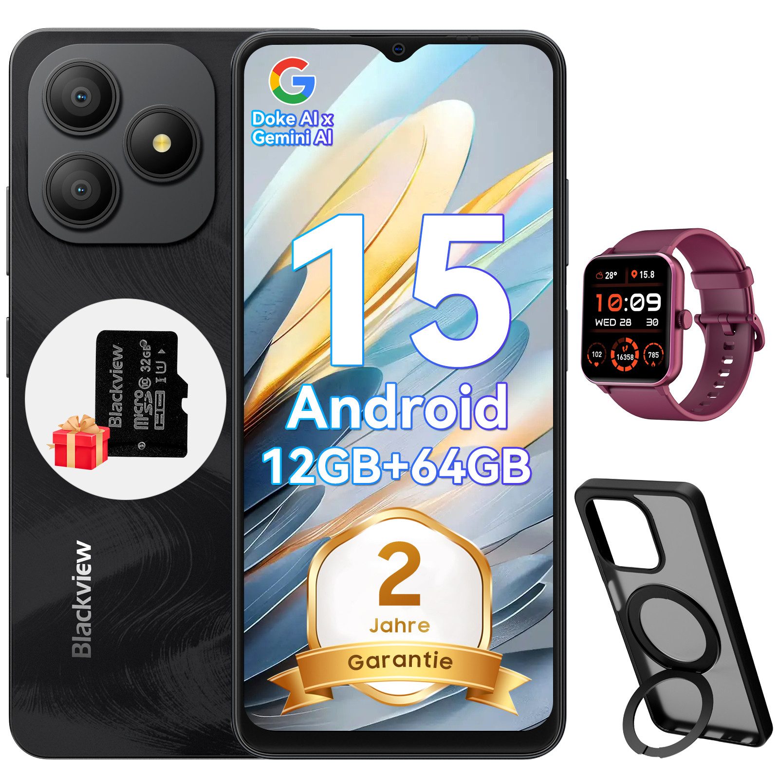 blackview WAVE 9C Android 15 incl. R50 Smartphone (6.56 Zoll, 64 GB Speicherplatz, 13 MP Kamera, 13MP, Android 15, fingerprint, OTG)
