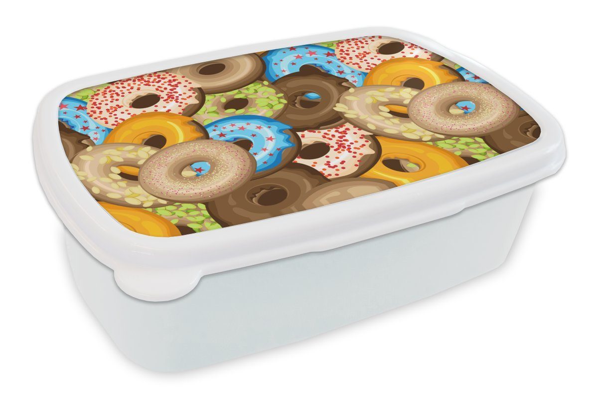 MuchoWow Lunchbox Donuts - Muster - Sterne, Kunststoff, (2-tlg), Brotbox für Kinder und Erwachsene, Brotdose, für Jungs und Mädchen weiß