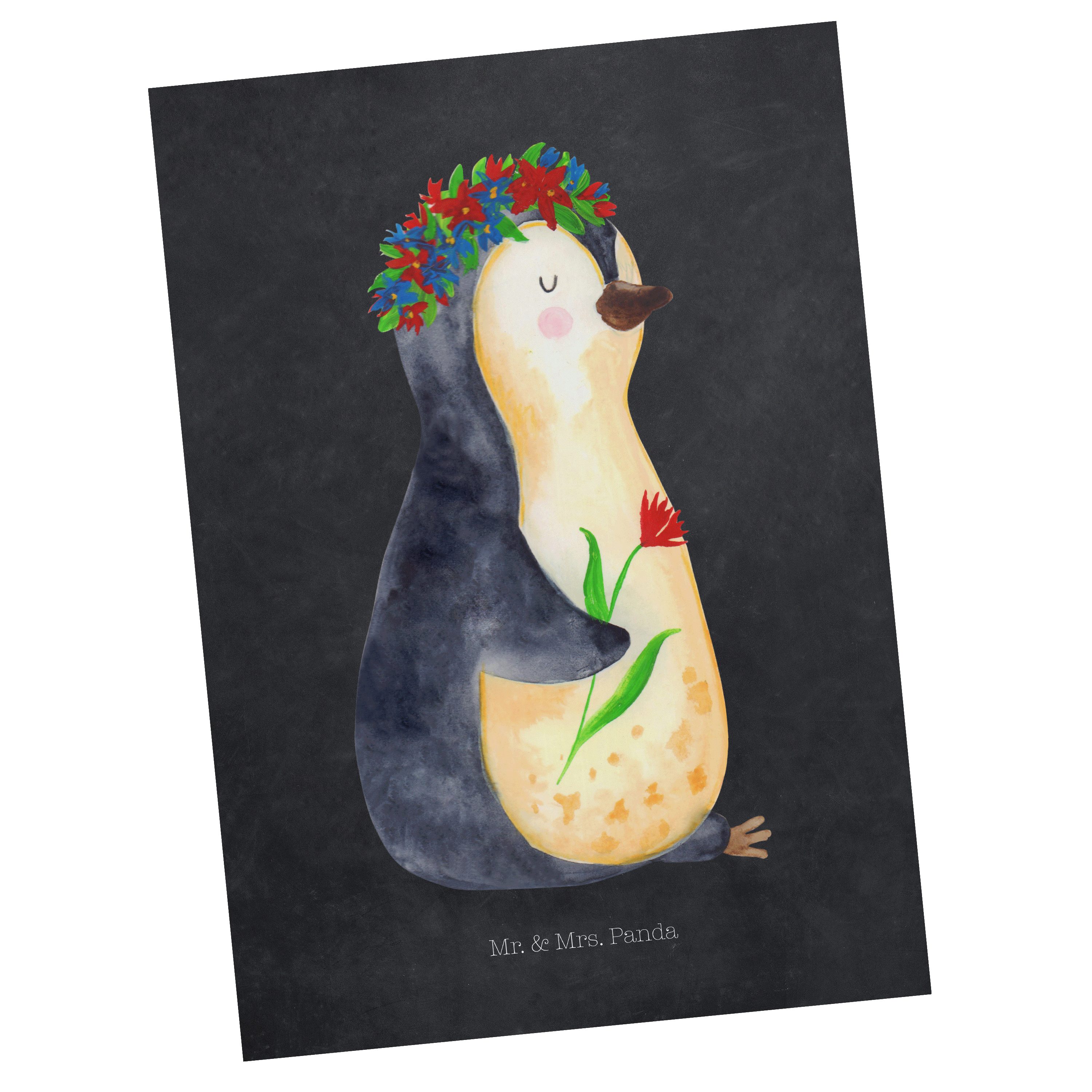 Mr. & Mrs. Panda Postkarte Pinguin Blumenkranz - Kreidetafel - Geschenk, Karte, Dankeskarte, Ein