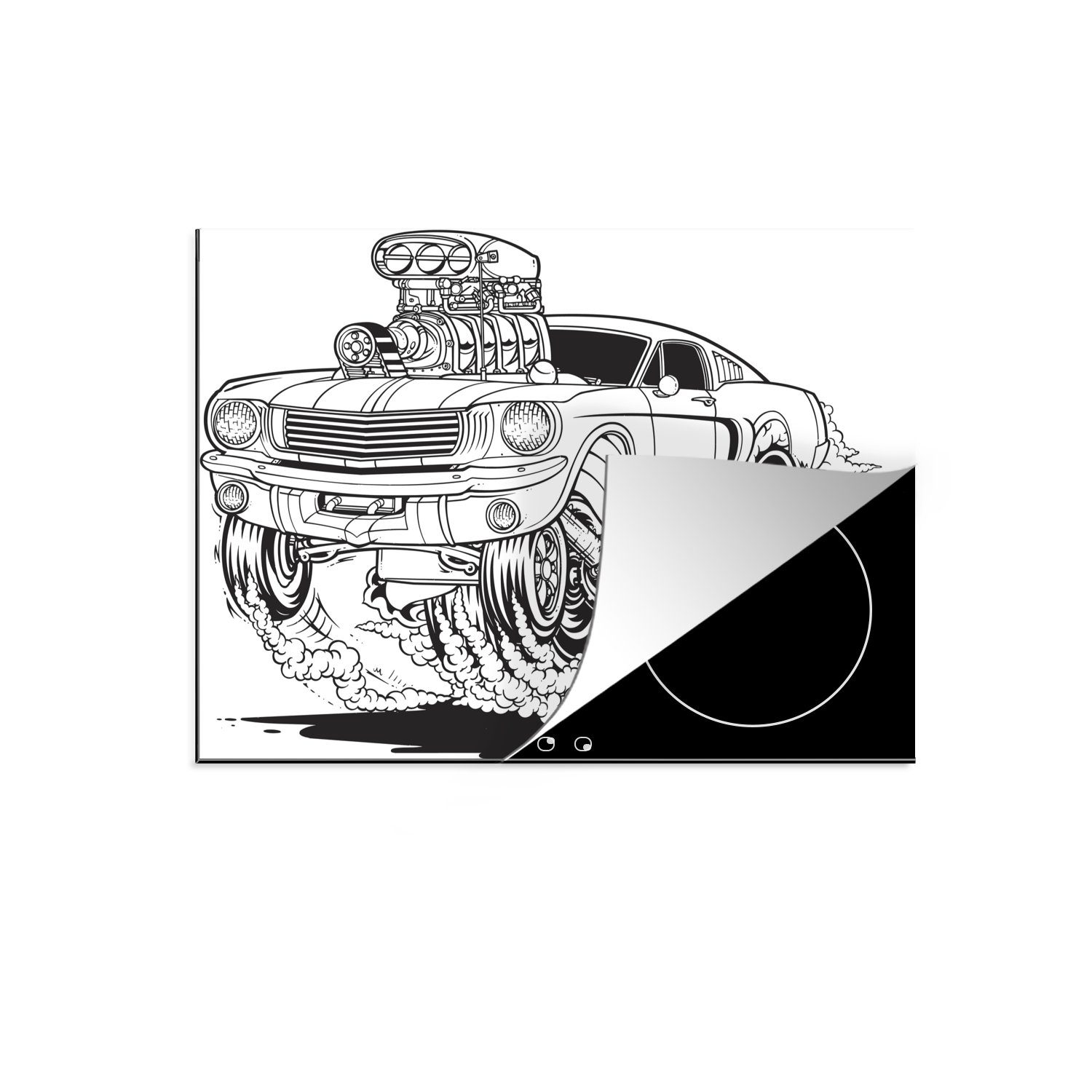 MuchoWow Herdblende-/Abdeckplatte Schwarz-weiß Illustration eines Mustangs mit Feuer, Vinyl, (1 tlg), 70x52 cm, Mobile Arbeitsfläche nutzbar, Ceranfeldabdeckung