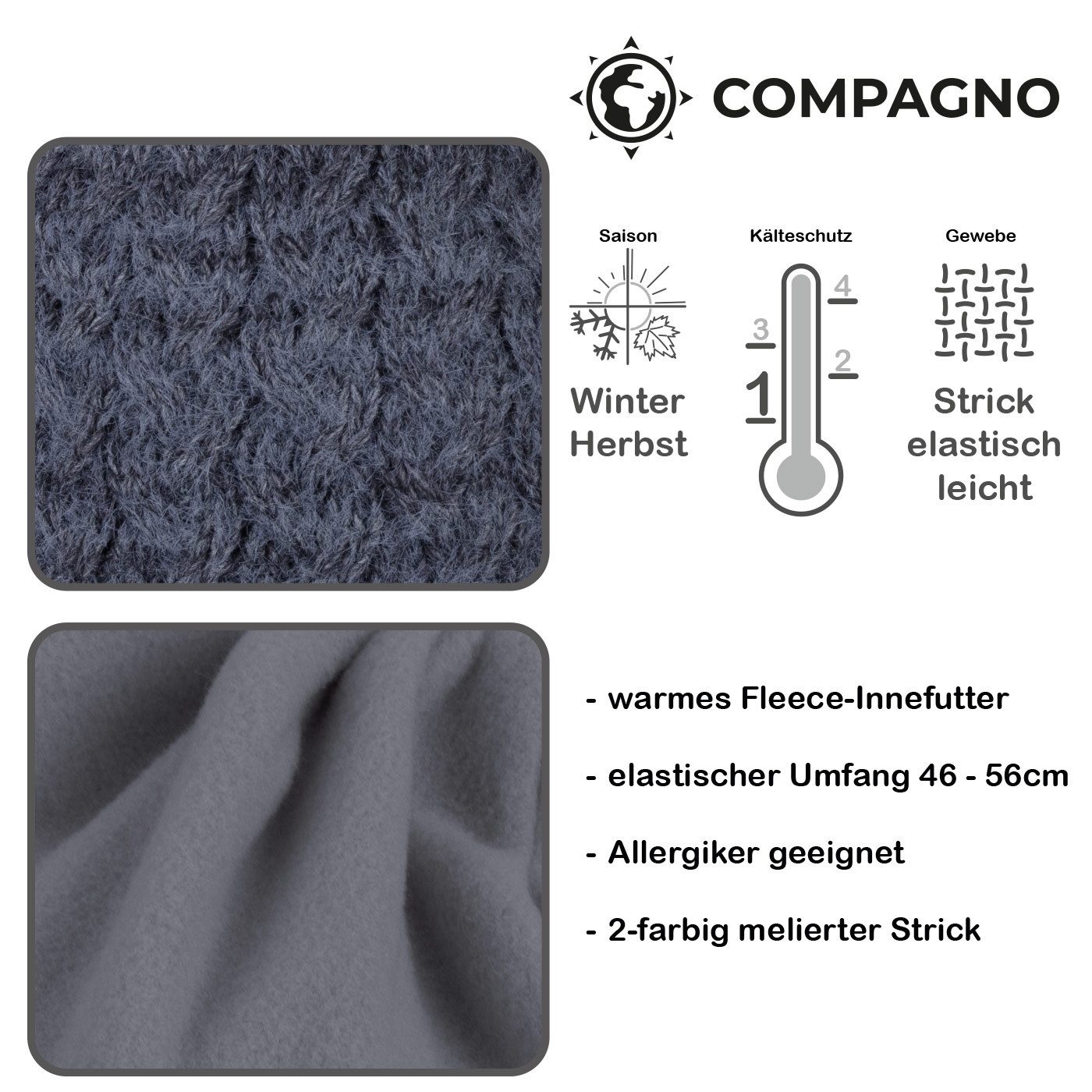 compagno Bommelmütze (1-St) Bommelmütze Wintermütze Zopfstrick Damen Fleecefutter Beanie