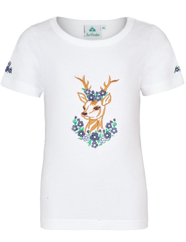 Isar-Trachten Trachtenbluse Mädchen T-Shirt 'Reh' mit Stickerei 52765, Weiß B