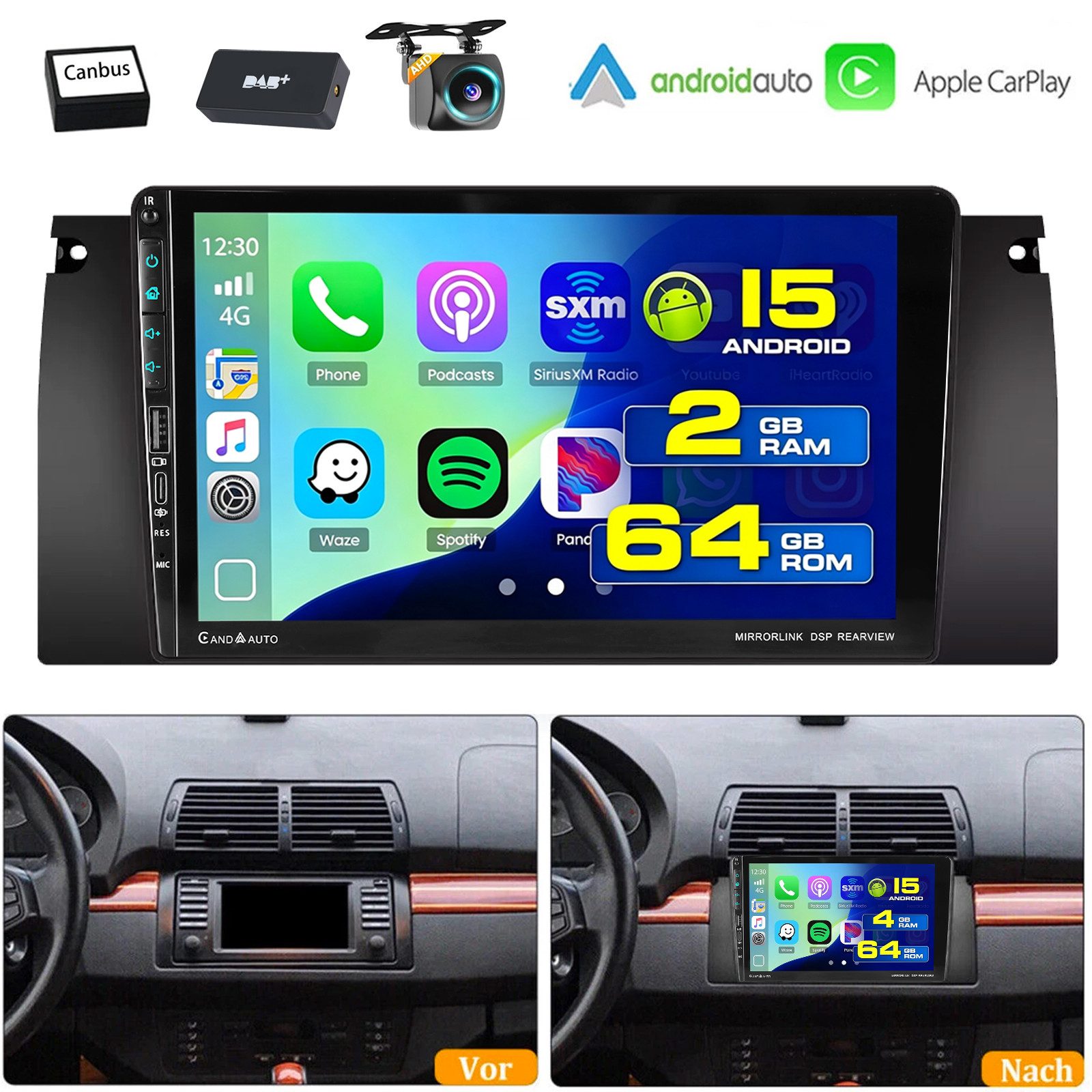 ESSGOO DAB+ Für BMW 5er E39 7er X5 E53 E38 Android15 Autoradio Carplay Type-C Autoradio (RDS, 4+64GB(optional), Digitalradio (DAB), FM, AM, SWC, Carplay Android Auto Bluetooth EQ USB GPS Navi WIFI Touchscreen)