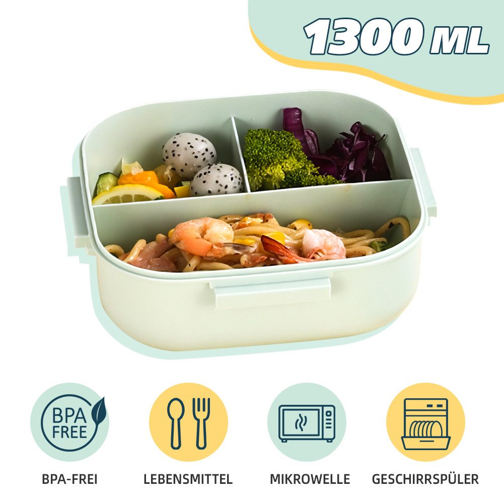 FANNOU Lunchbox Lunch-Behälter (3 Fächer), Auslaufsicher & BPA-frei-mit Besteck, für Kinder und Erwachsene Brotdose mit Fächern