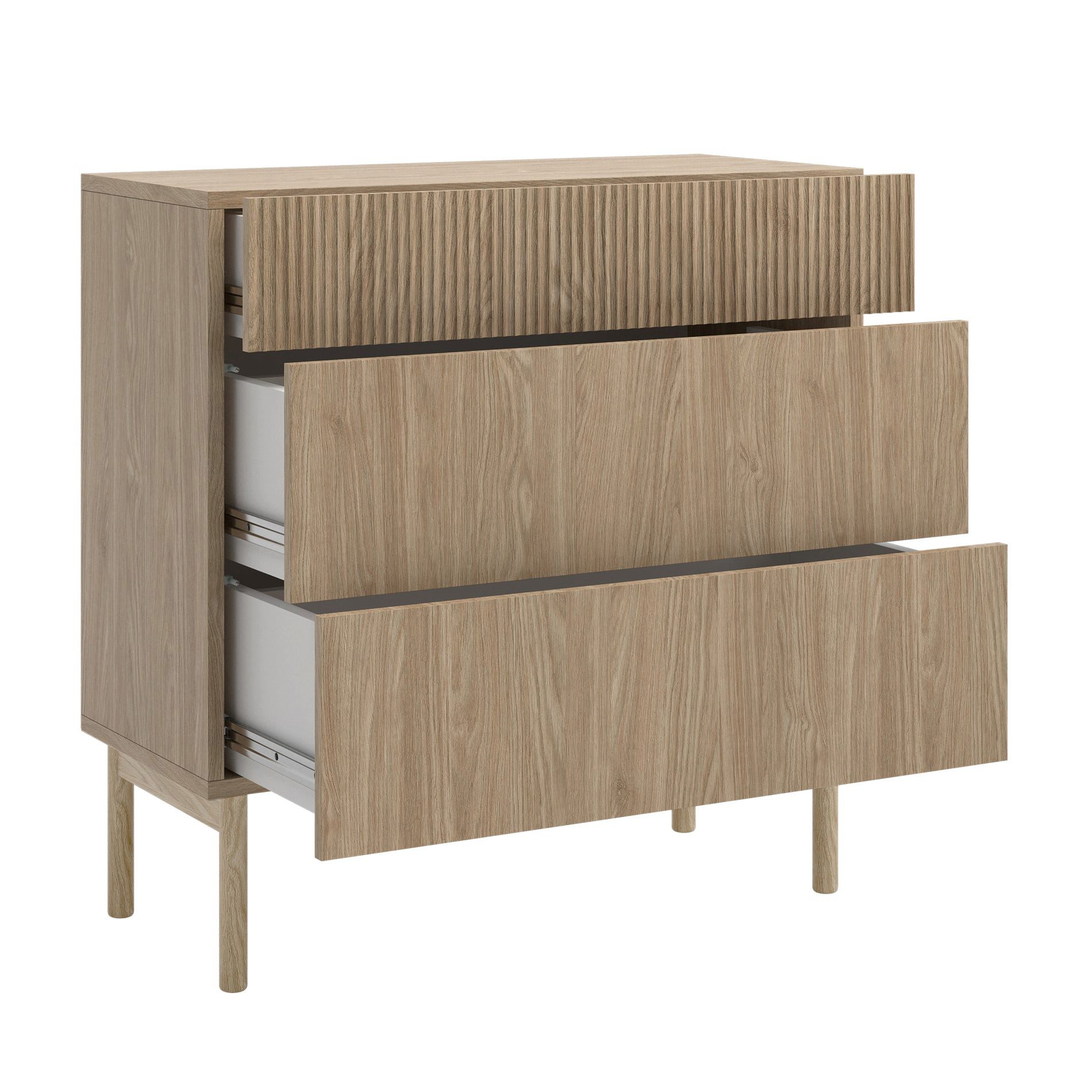 Selsey Kommode NOLIE, Kommode mit 3 Schubladen, geriffelter Front und Holzbeinen, 90 cm