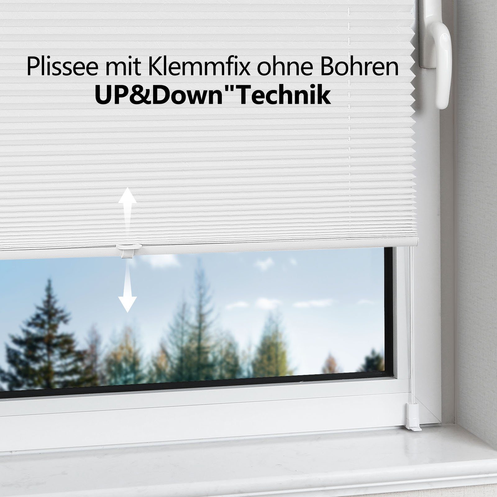OUBO Plissee Ohne Bohren klemmfix Weiß, Klemmträger, Easyfix Faltrollo mit Klemmträger, Klemmfix ohne Bohren, Lichtschutz,einfache Montage
