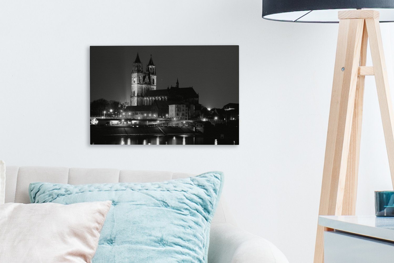 den 30x20 Leinwandbilder, über OneMillionCanvasses® Dom Aufhängefertig, von und (1 Magdeburg Wandbild Wanddeko, cm schwarz-weiß, Fluss Leinwandbild - Blick St), den