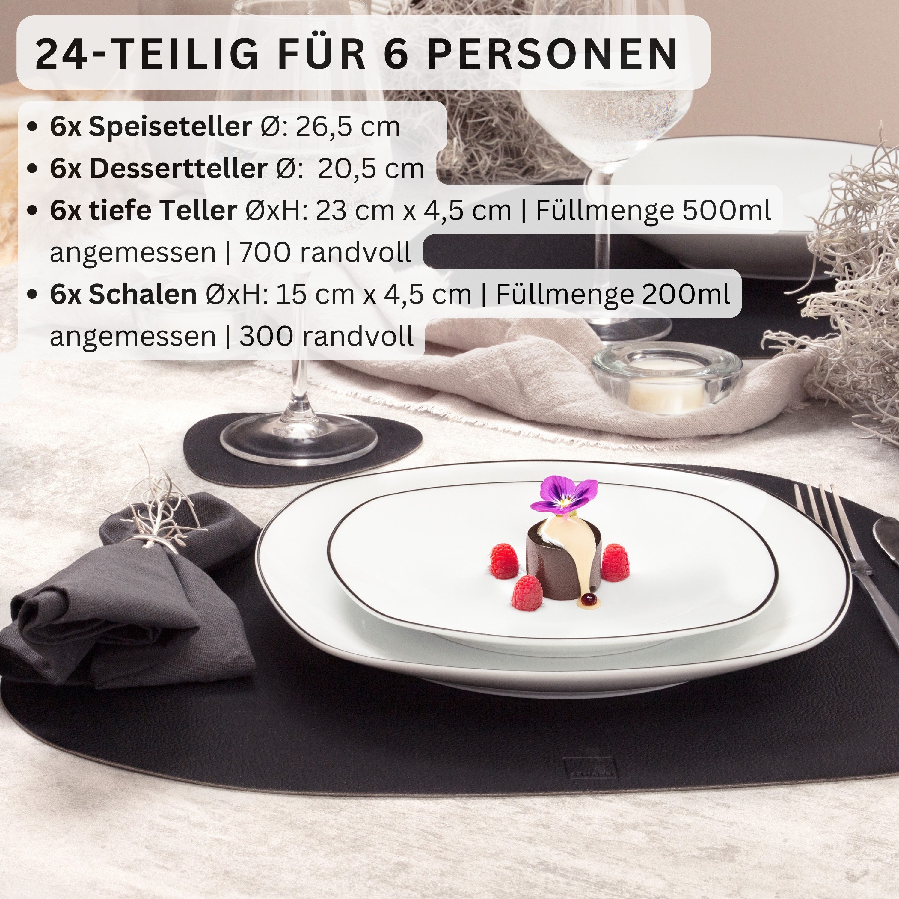 SÄNGER Tafelservice Bilgola Black Rim, Weiß mit Schwarzen Akzenten (24-tlg), 6 Personen, Porzellan, Erweiterbar, PREMIUM COLLECTION