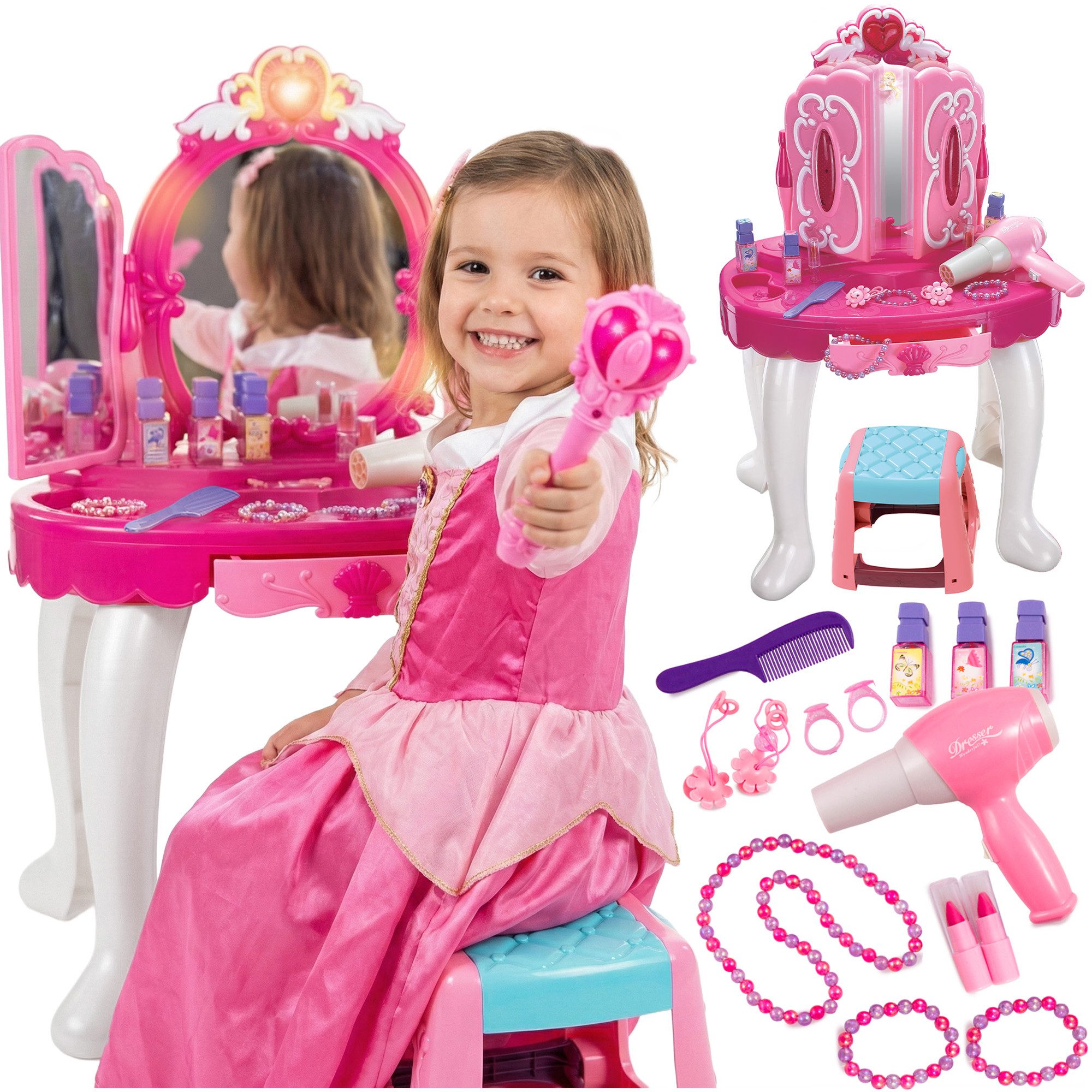 kinderplay Schminktisch Rosa Kinder Schminktisch – MP3 & Licht – Mädchen Spielset, Interaktiver Schminktisch mit Licht