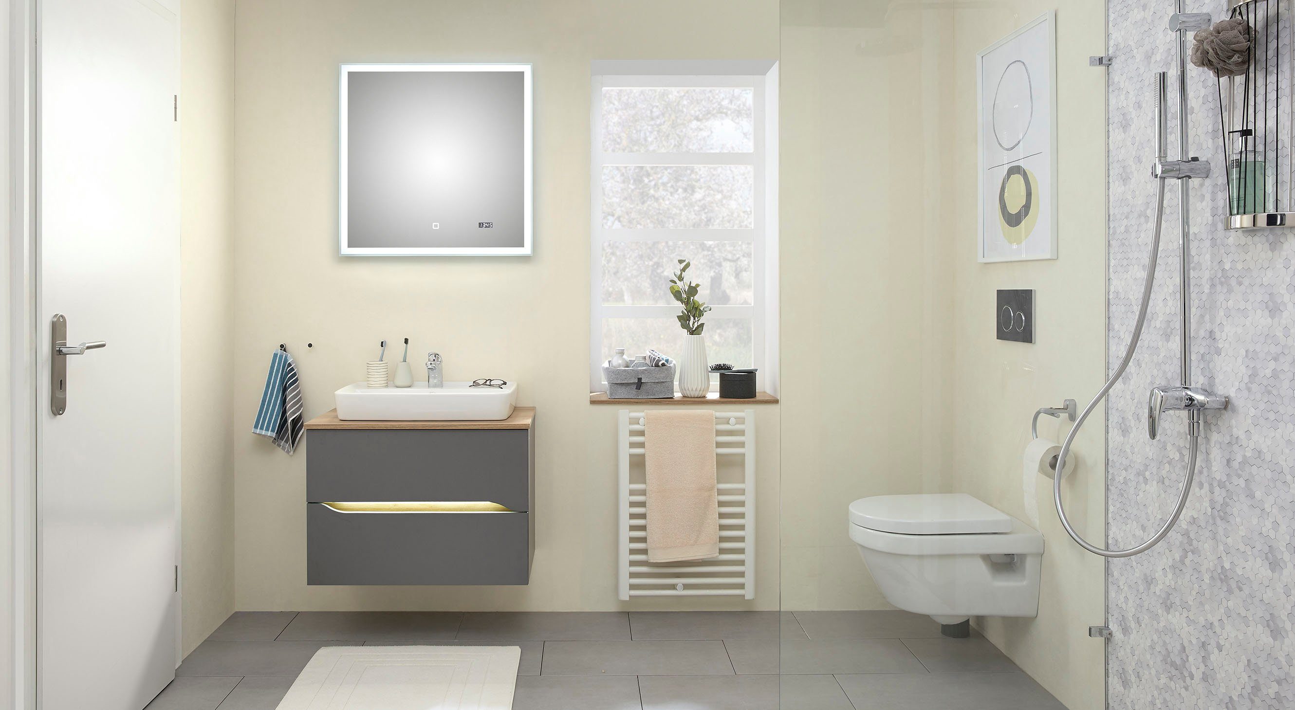 Saphir Badmöbel-Set Quickset 2-teilig, Keramik-Aufsatzbecken mit LED-Spiegel, (5-St), Waschplatz 73 cm breit, inkl. Türdämpfer, 2 Schubladen