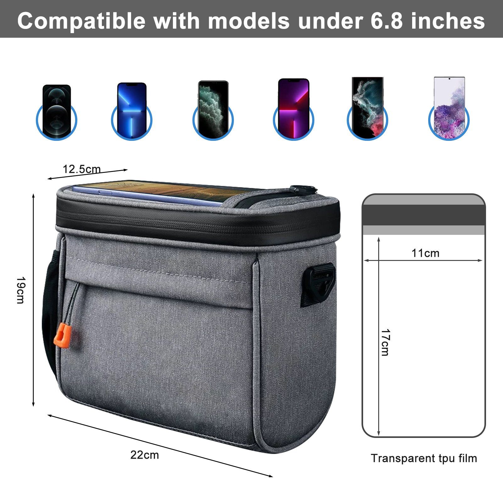 CALIYO Tasche, Schultergurt Grau vorne und Handy-Lenkertasche mit Lenkertasche mit fahrradkorb lenkeradapter, Fahrrad 4.2L abnehmbarem transparenter Touchscreen