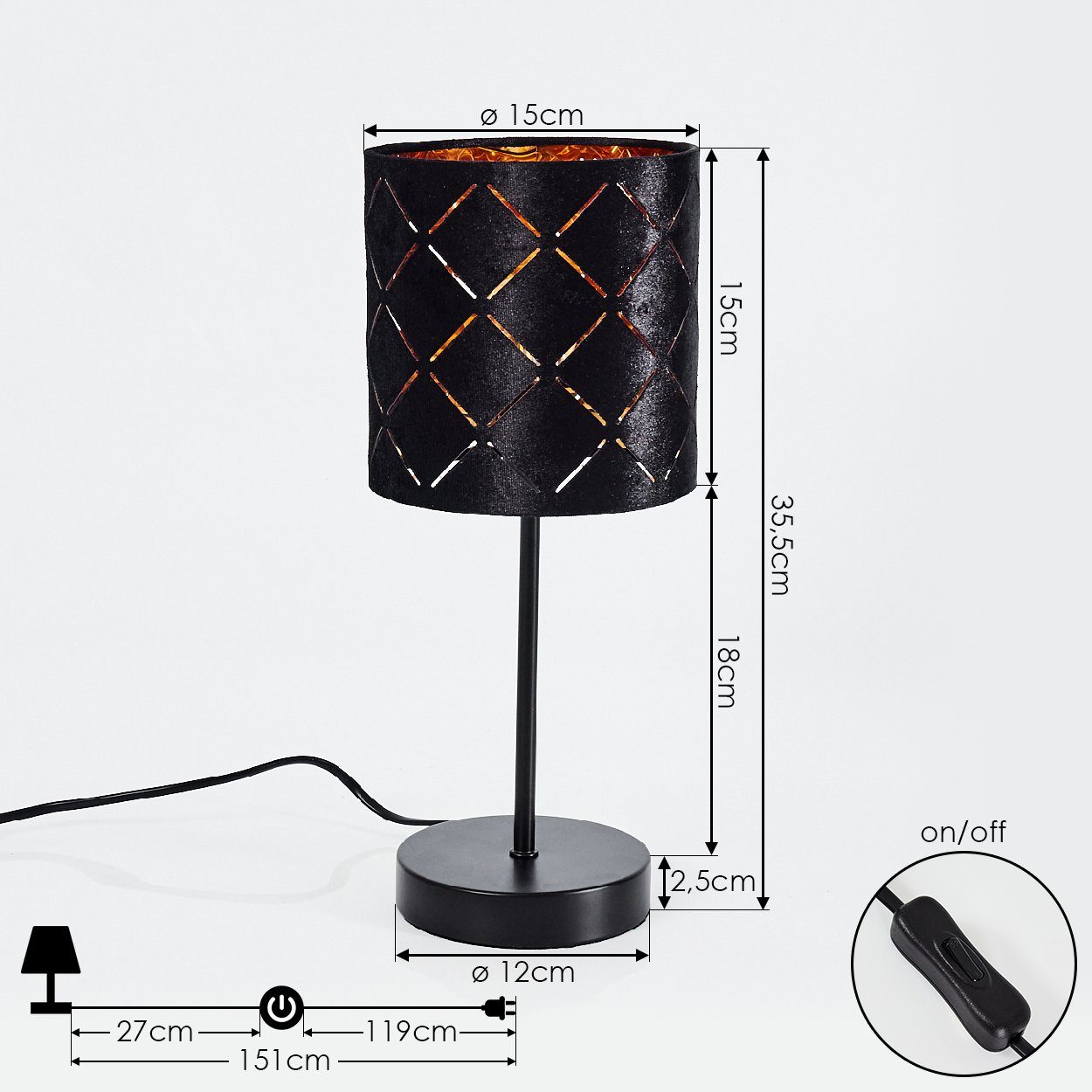 hofstein Tischleuchte »Marmi« runde Tischlampe in Schalter Metall E14, Leuchtmittel, Tischlampe Stoff schwarz, Schirm schwarz, in Ø15cm, m. ohne aus