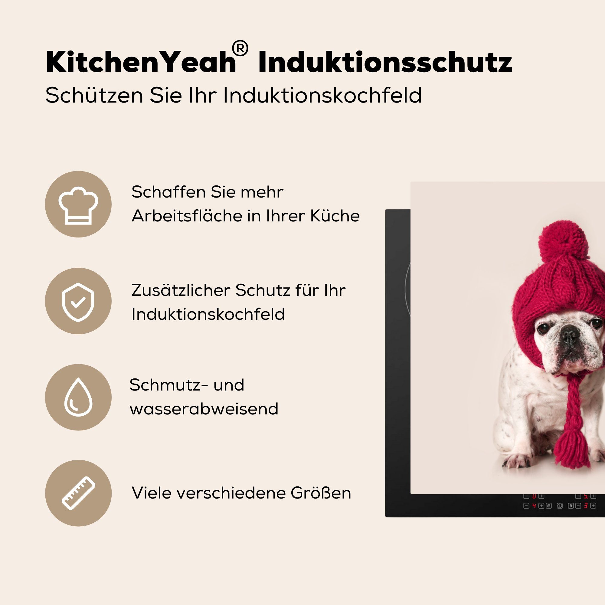 MuchoWow Herdblende-/Abdeckplatte Französische Wollmütze, Bulldogge (1 cm, tlg), Arbeitsplatte mit Vinyl, 78x78 küche für Ceranfeldabdeckung