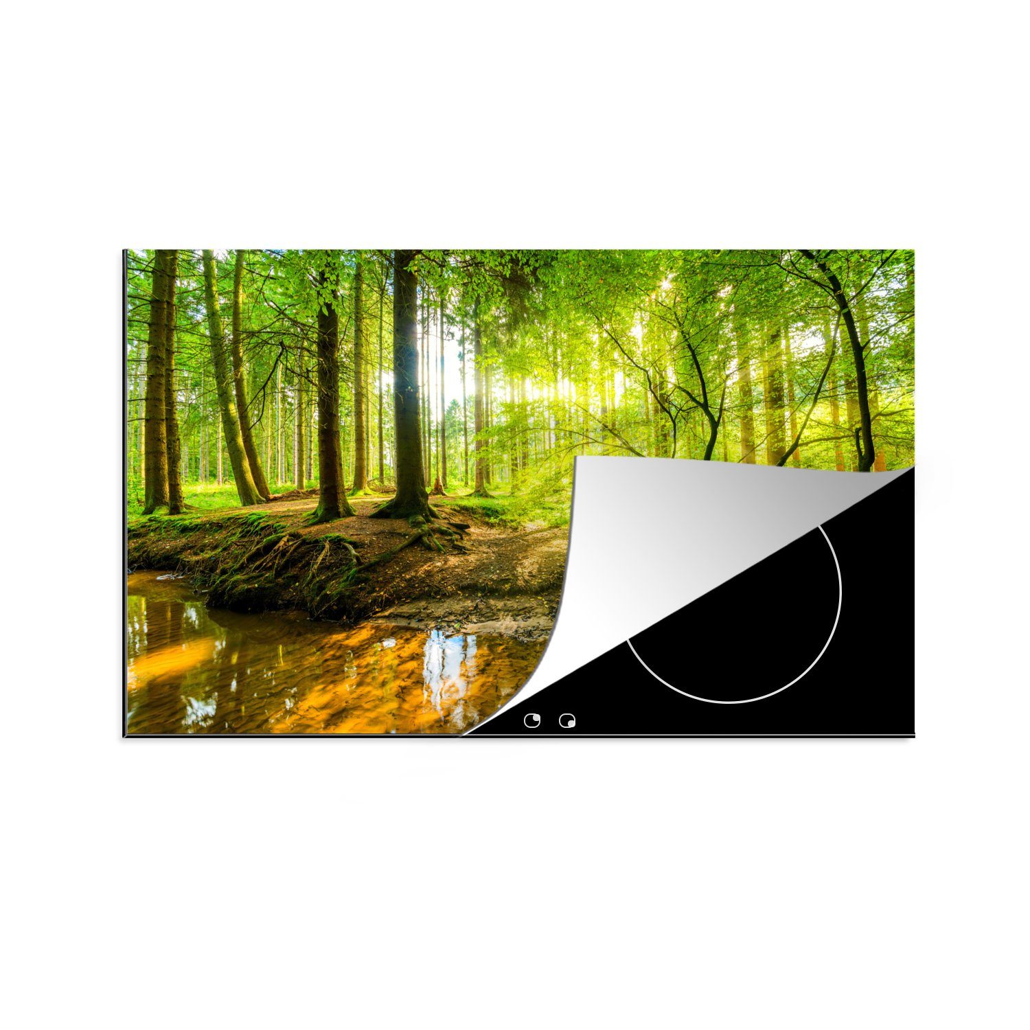 Bäume - - - 81x52 Herdblende-/Abdeckplatte Ceranfeldabdeckung, Landschaft cm, für - Natur, Arbeitsplatte - (1 Vinyl, - Sonne tlg), MuchoWow Wald Wasser Grün küche