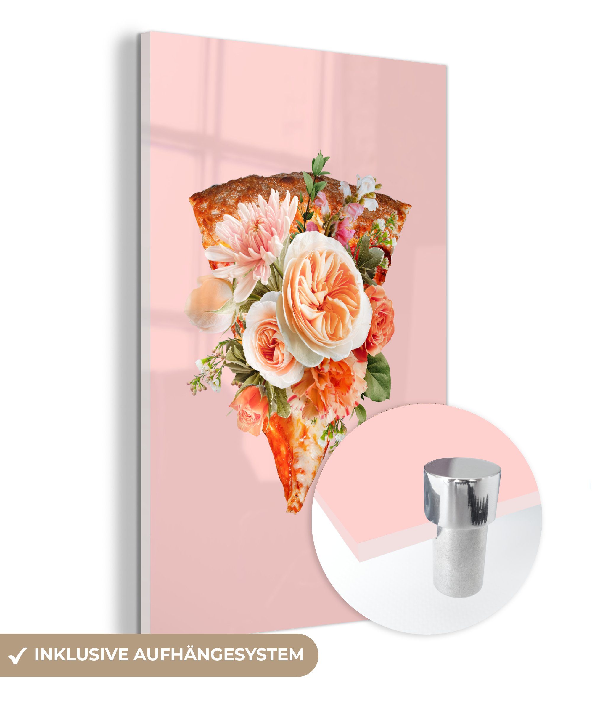 Bilder MuchoWow Wandbild auf Blumen, Pizza auf - Stilleben - Glas (1 Glas - Wanddekoration Glasbilder - St), - Acrylglasbild Foto