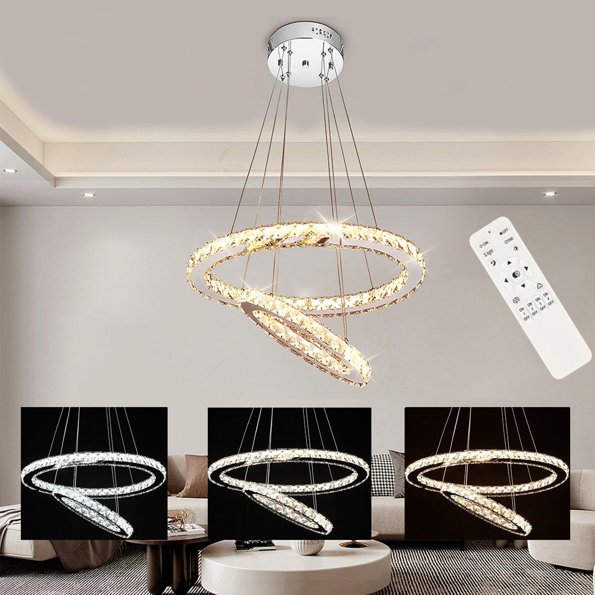 oyajia Deckenleuchte 36W/60W LED Deckenlampe, Kristall Kronleuchter Oval Ring Pendelleuchte, LED fest integriert, Kaltweiß/Naturweiß/Warmweiß, Dimmbar mit Fernbedienung, für Wohnzimmer Schlafzimmer Restaurant Hotel