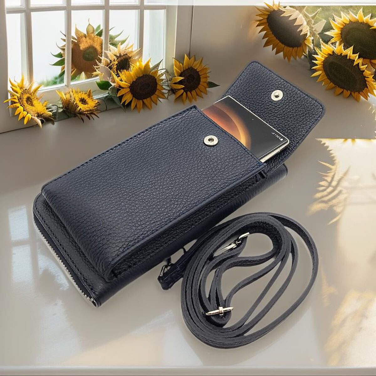 Lemasi Handytasche echt Leder Umhängetasche, Geldbörse made in Italy, Smartphonetasche, mit Kartenfächern, Schultergurt