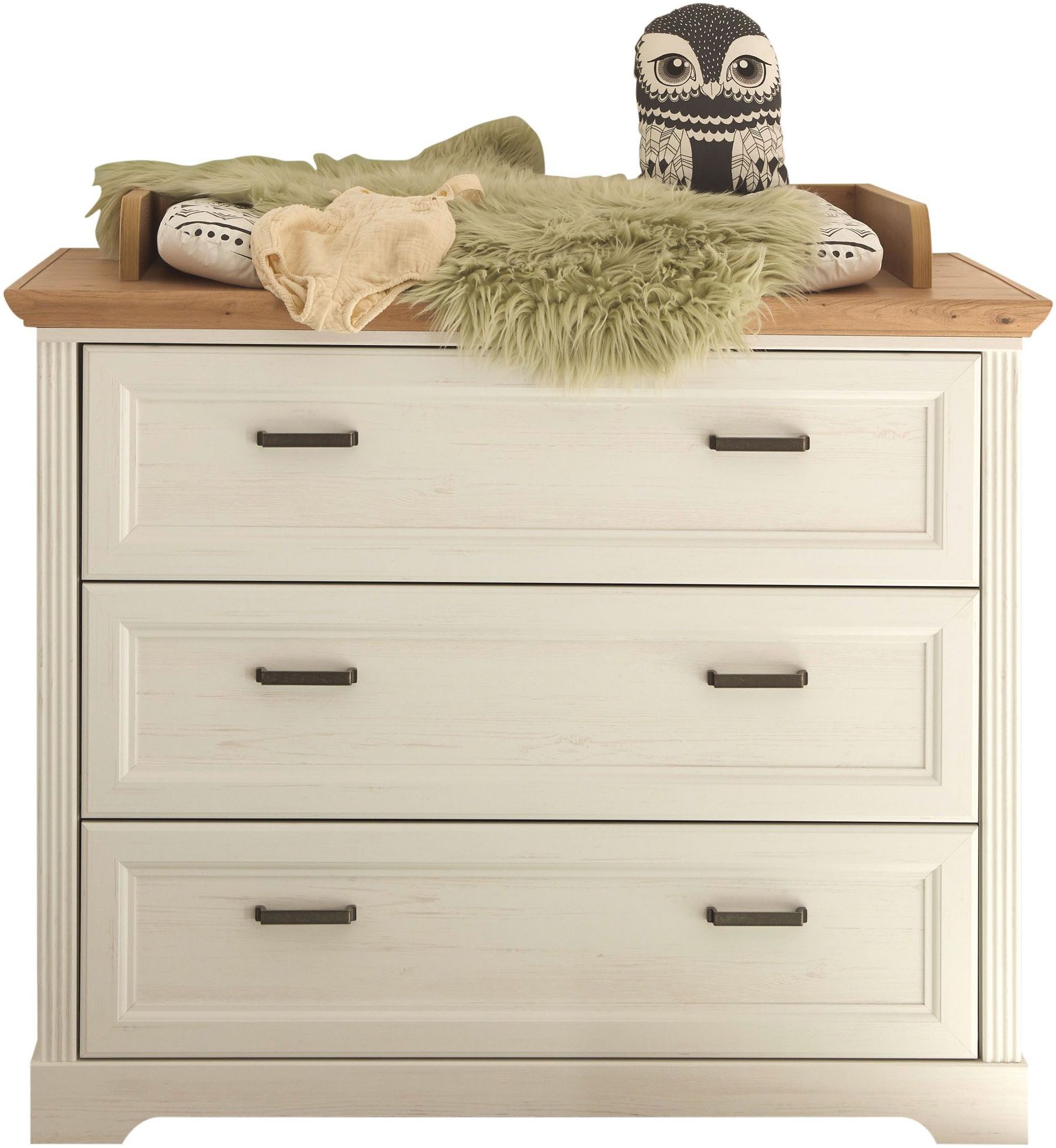 Begabino Wickelkommode Jasmin Kommode mit Wickelaufsatz, im Landhausstil, Kommode mit 3 Schubkästen