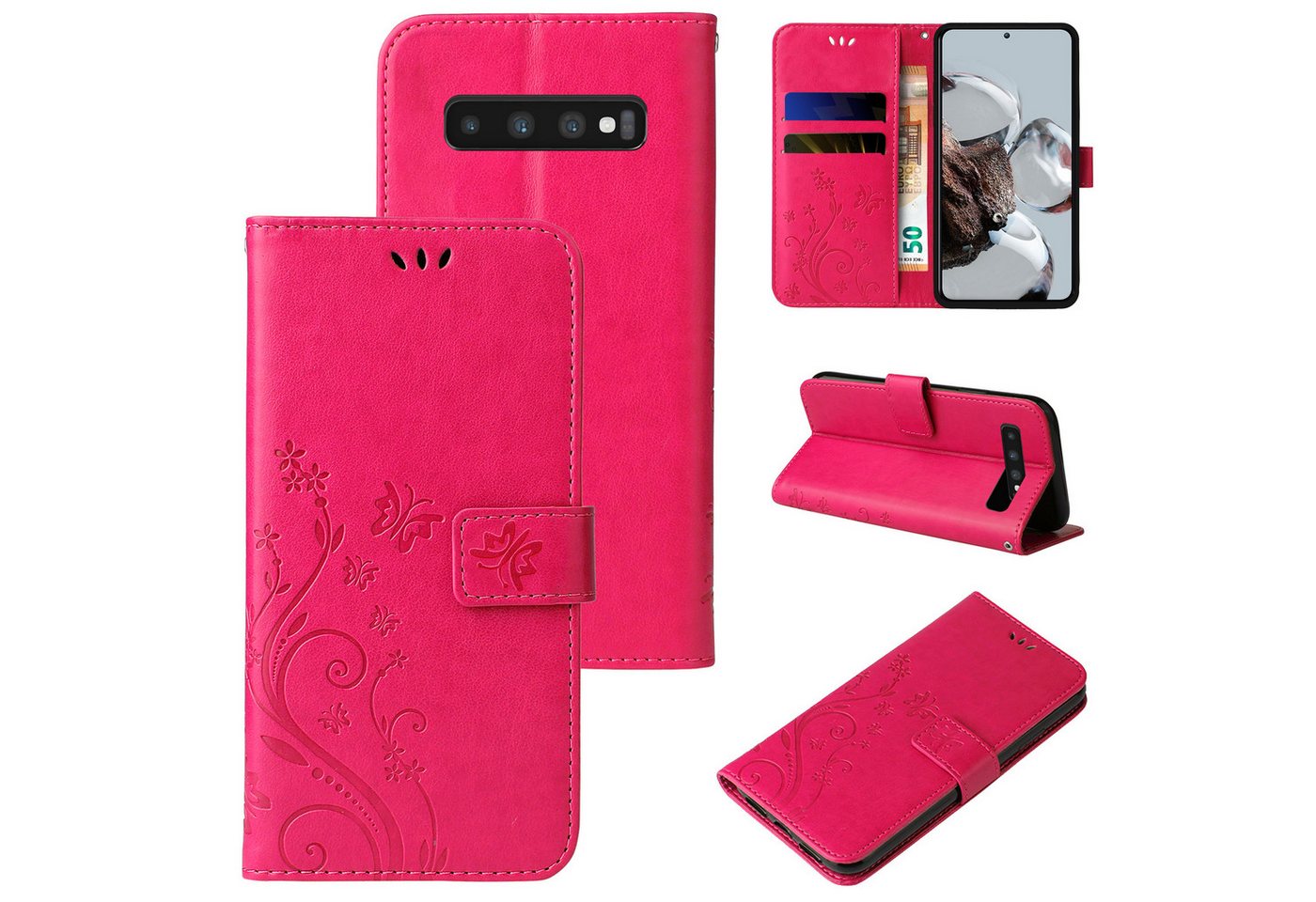 Tec-Expert Handyhülle Cover Tasche Hülle für Samsung Galaxy S10+ 6,4 Zoll, Klapphülle Case mit Kartenfach Fliphülle aufstellbar, Motiv Blumen