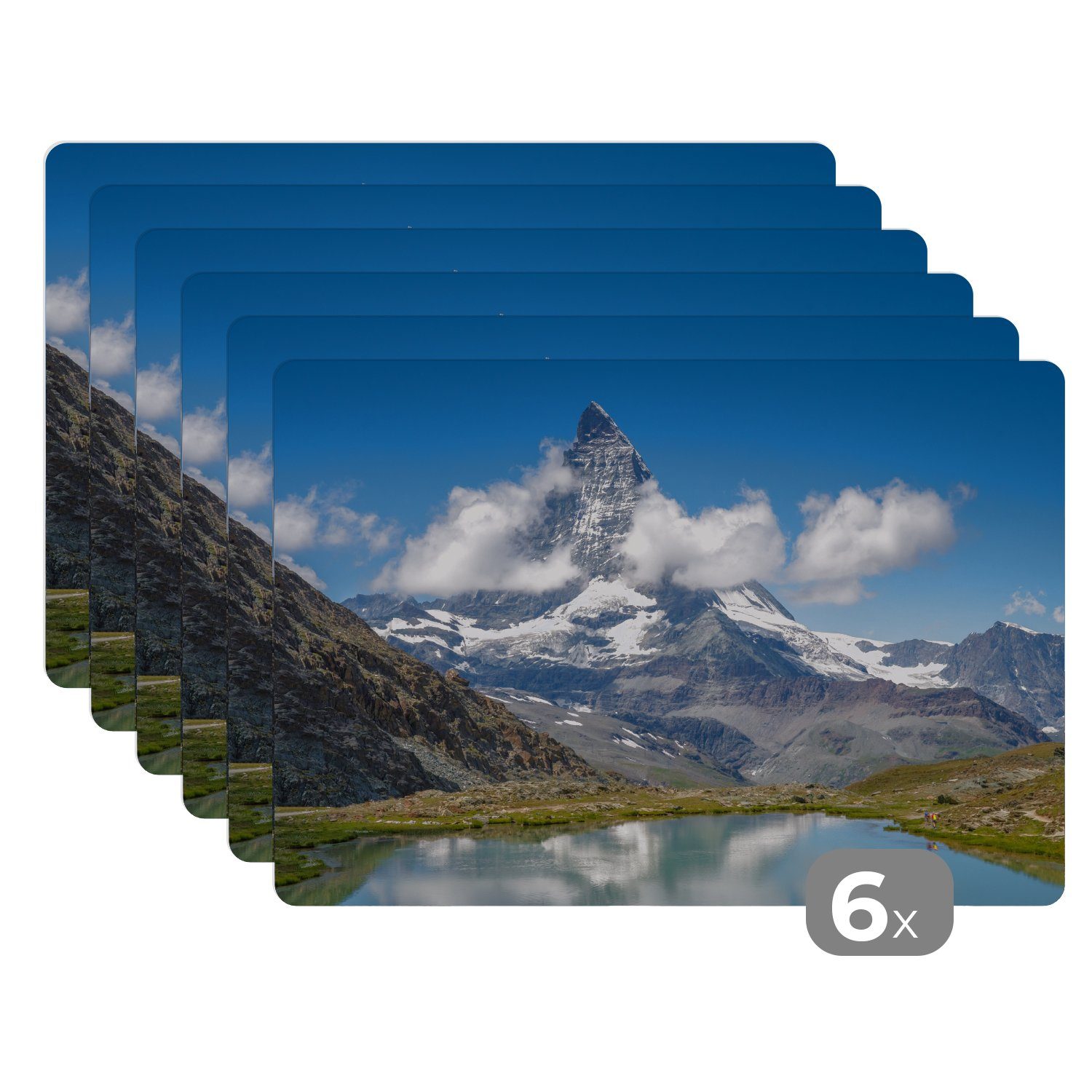 Platzset, Schweizer Matterhorn am Nachmittag neben dem Riffelsee in Zermatt, MuchoWow, (6-St), Platzset, Platzdecken, Platzmatte, Tischmatten, Schmutzabweisend