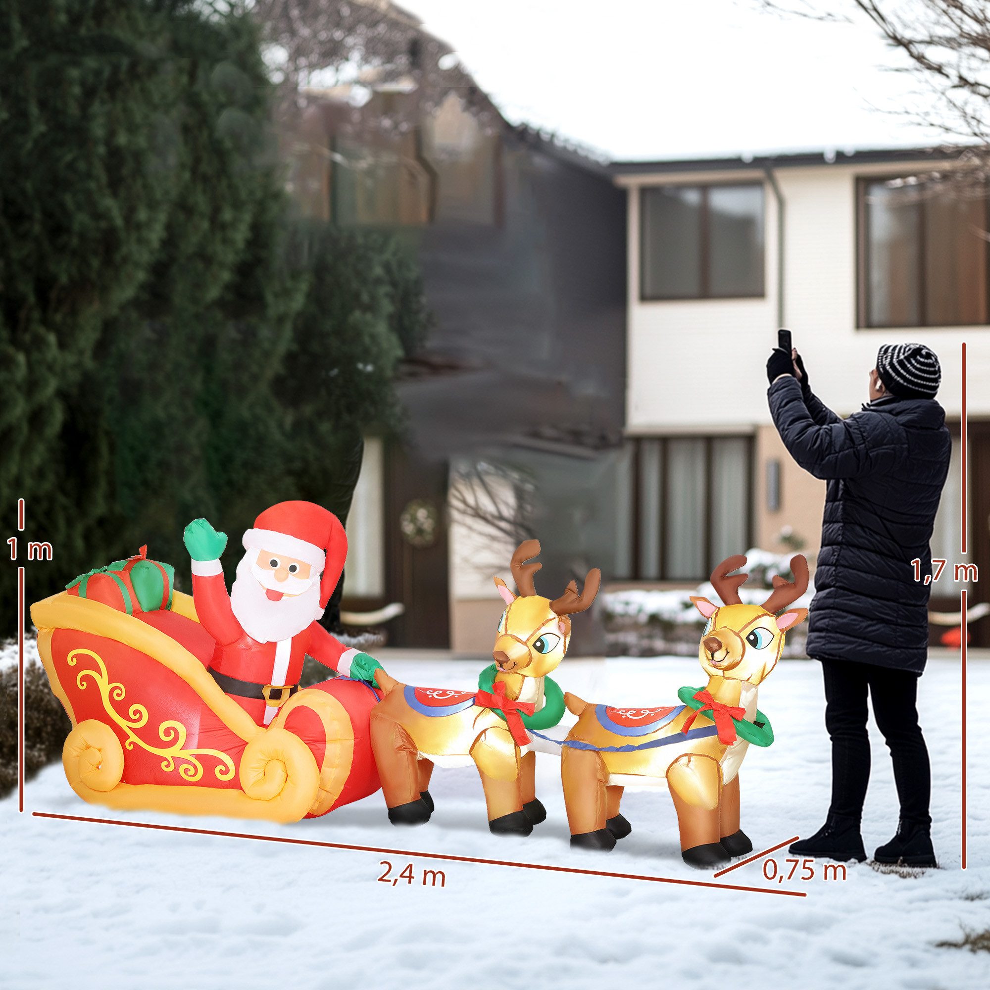 Outsunny Weihnachtsfigur 240 cm Aufblasbare Weihnachtsdeko für Rasen, Hof und Garten (Weihnachtsdekoration, 1 St., Weihnachtsmann in Rentierschlitten), LED-Lich – Bild 3 von 5