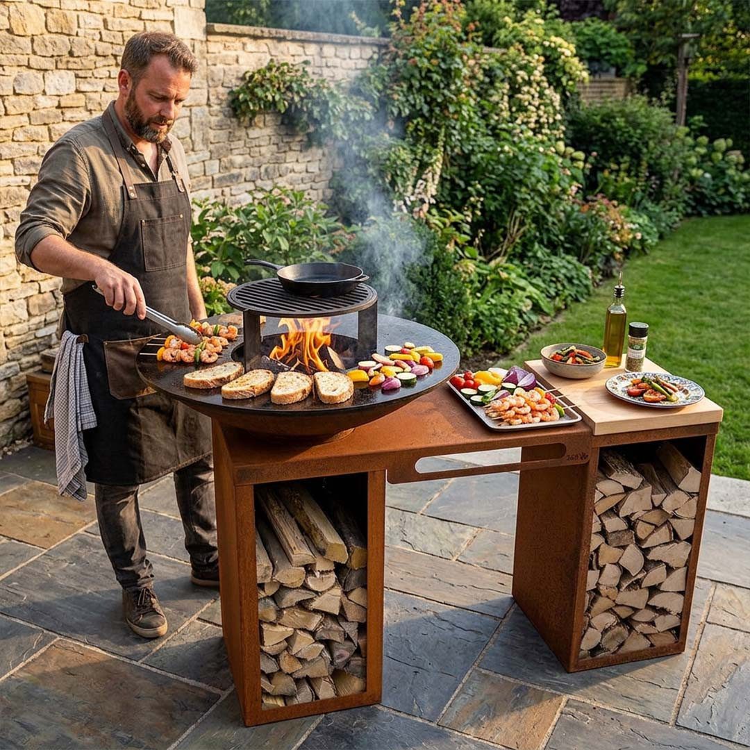 Feuercampus Grillplatte Plancha-Set PIO 100 Deluxe 1 - mit 2 Holzlagern, Ablage und Topgrill