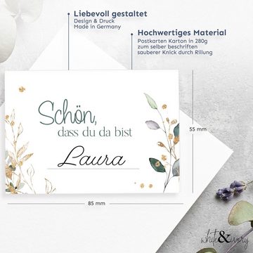 white & ivory Papierdekoration Platzkarte floral "schön, dass du da bist", 25 Stück, Tischkarten