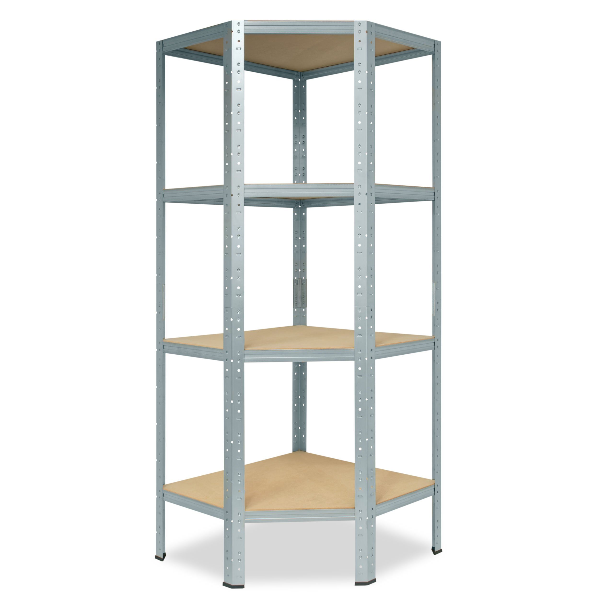 shelfplaza Eckregal HOME, 155x90x60cm verzinkt, Metall Eckregal stehend mit 4 Böden, Corner Shelf 175kg Tragkraft Schwerlastregal Ecke, Steckregal verzinkt Eckregal Keller Garagen Regal