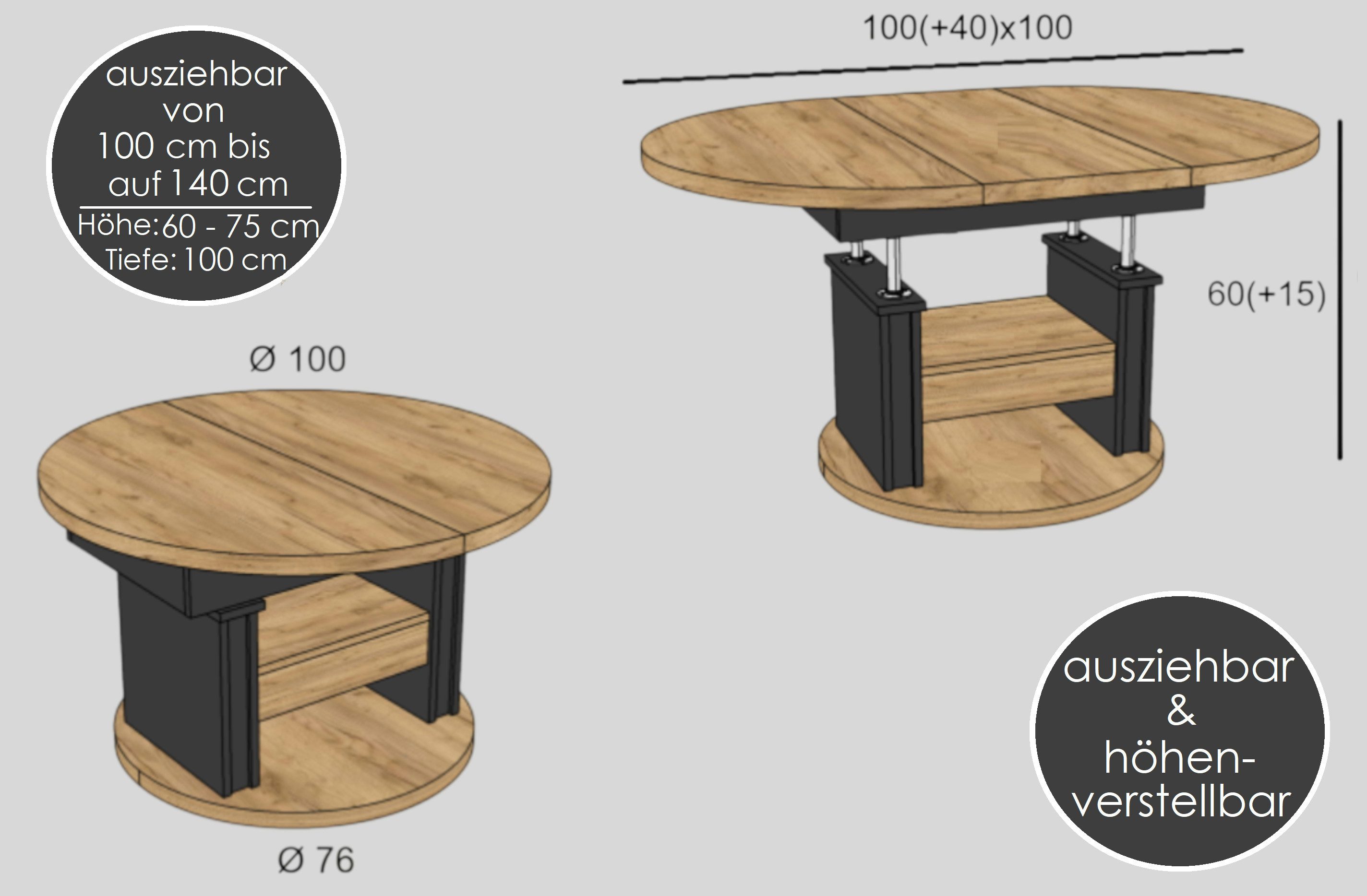 designimpex Couchtisch DA-999 rund ausziehbar höhenverstellbar mit Schublade Wohnzimmer Tisch, Funktionstisch, Wohnzimmertisch, Tisch, Esstisch, Sofatisch, Rollen