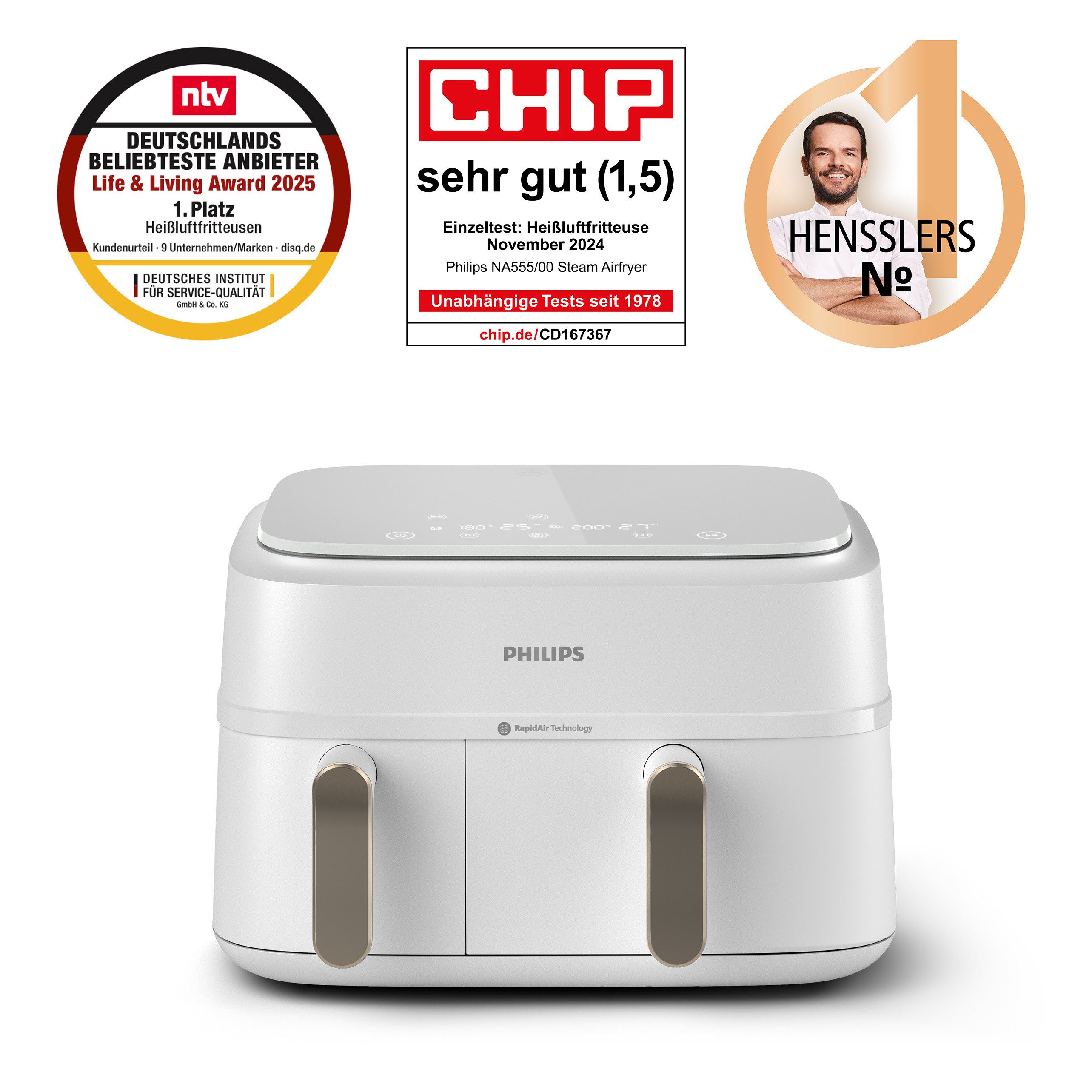 Philips Heißluftfritteuse 3000 Series NA353/10, Dual Basket Airfryer mit 9L Kapazität (3L+6L), 2750 W, RapidAir Technologie und 12 Kochfunktionen; Schwarz