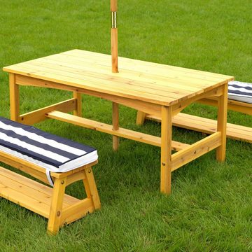 KidKraft® Kindersitzgruppe Gartentischset hellbraun, mit Sitzauflagen und Sonnenschirm, marineblau-weiß gestreift