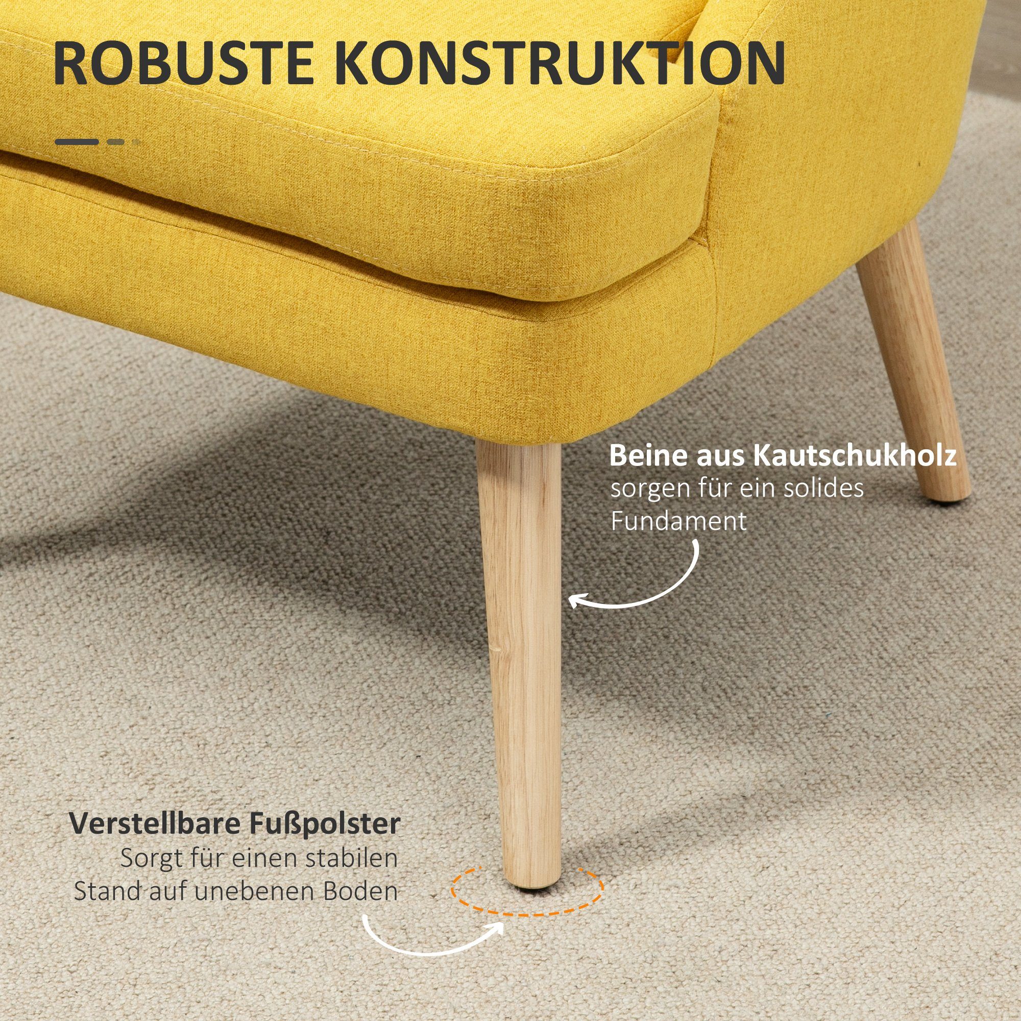 Leinen-Touch Polsterstuhl, mit Anti-Rutsch-Fußmatten Gelb Armlehne, Küchenstuhl Relaxsessel 1-St., 1 Polstersessel), Holz (Wohnzimmerstuhl, HOMCOM | Gelb