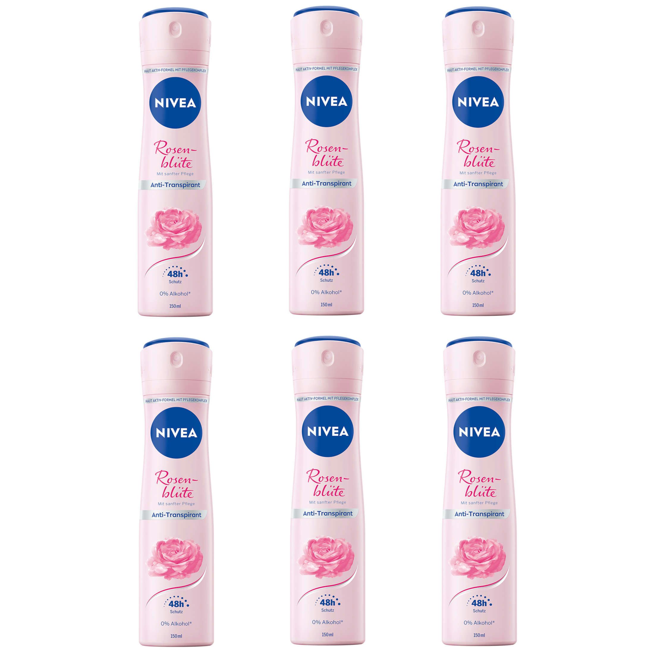 Nivea Deo-Spray Rosenblüte Deo Spray Anti-Transpirant 48h Schutz 6 x 150 ml, Packung, 6-tlg., mit 48H Trockenschutz