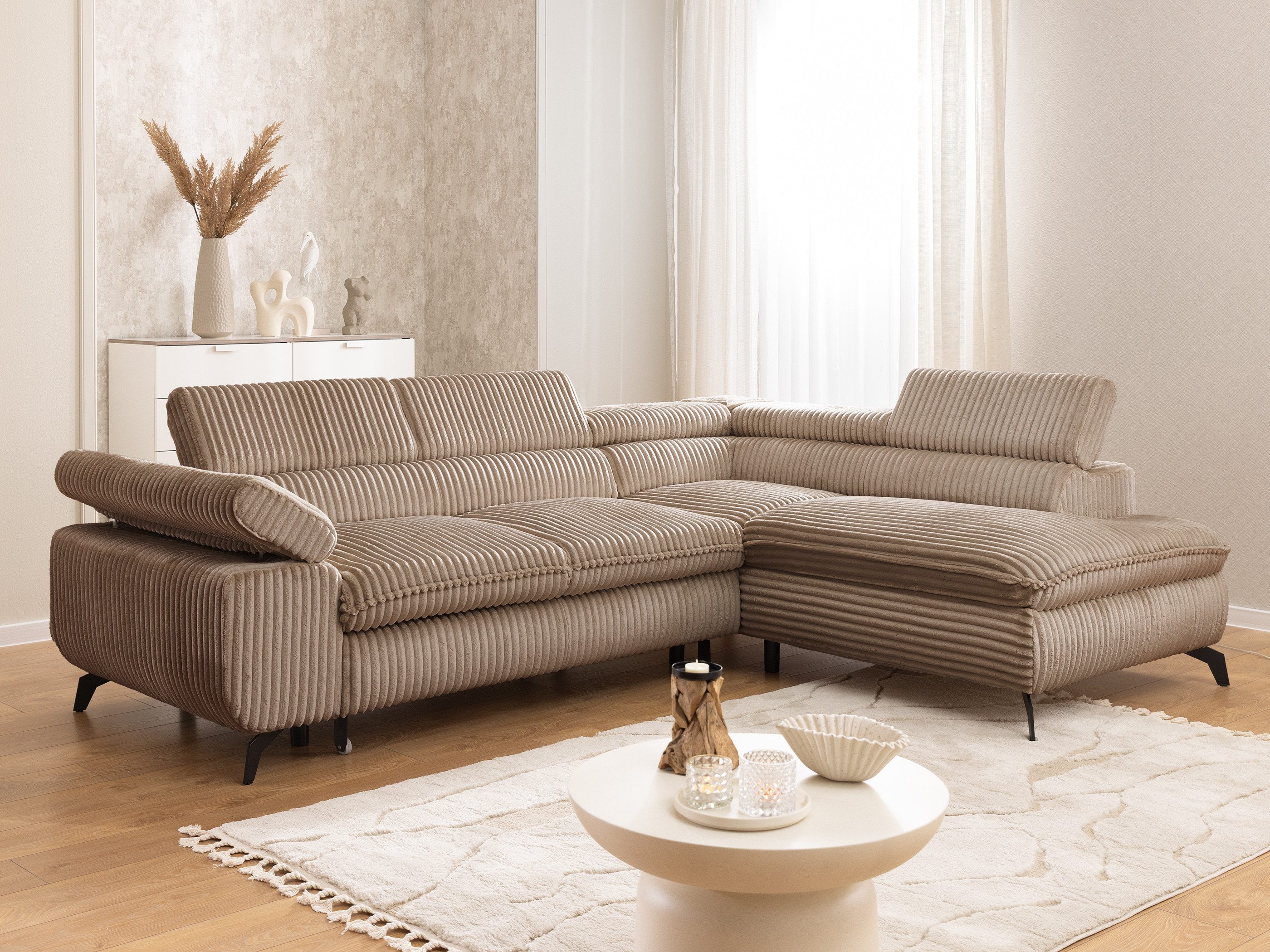 S-Style Möbel Ecksofa Bonnie mit Schlaffunktion Bettkasten und Kopfteilverstellung, mit Wellenfederung, Cord-Stoff