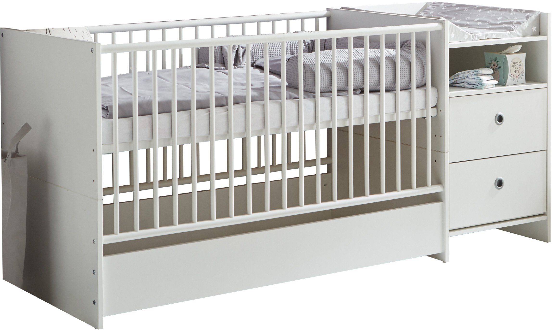 Babybett Kinderbett 140×70 Weiß Bettwäsche Komplett Wickelbrett Wickelauflage 