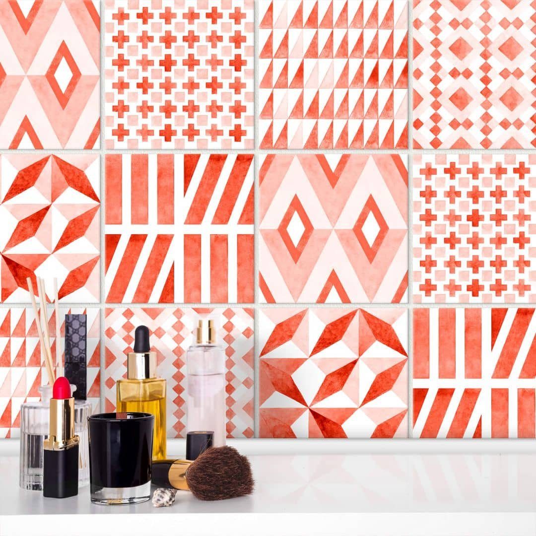 K&L Wall Art Fliesenaufkleber Watercolor, geometrisch, korallrot, selbstklebend, 12er Set