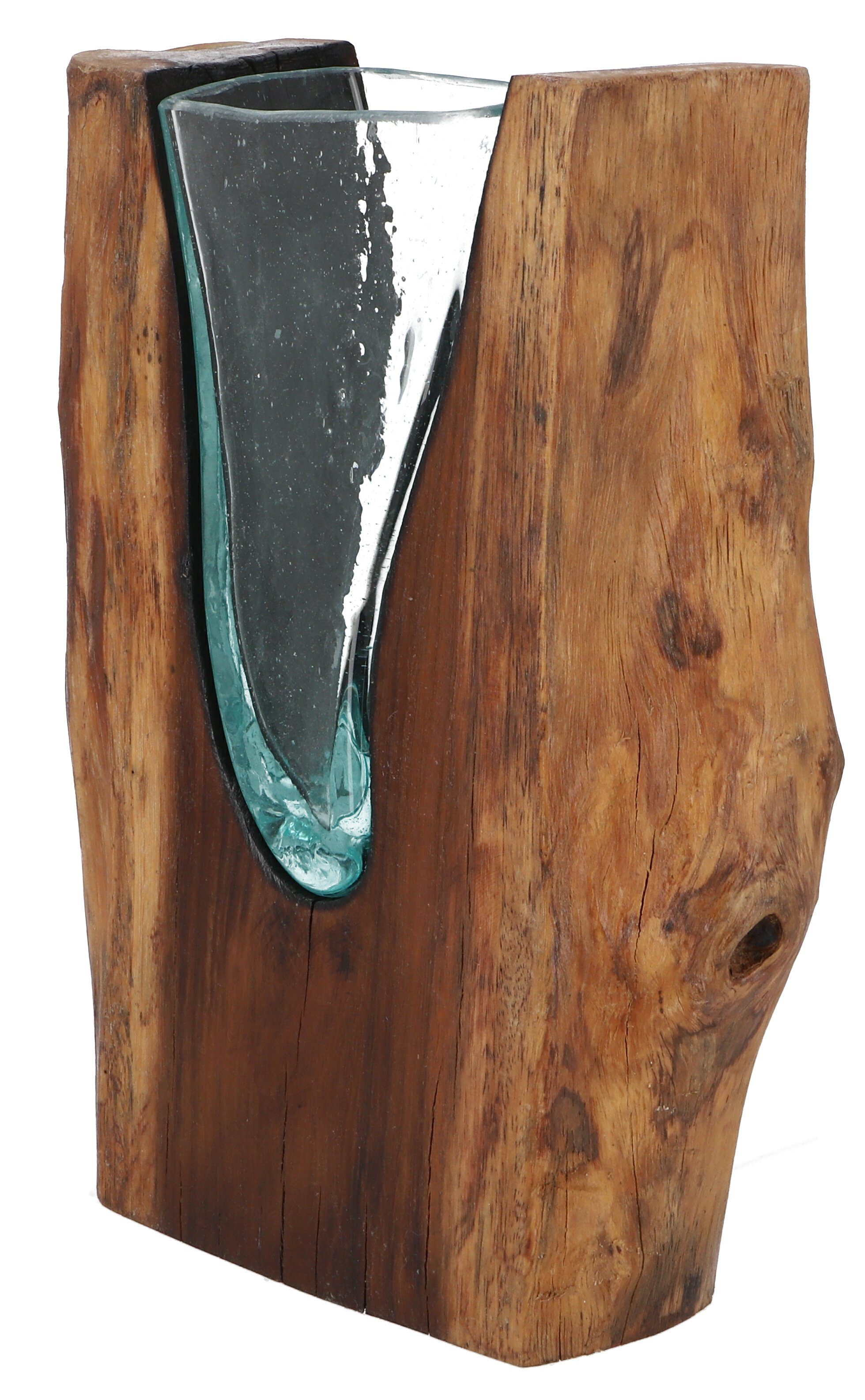 Guru-Shop Dekovase Vase aus Recycelingglas, Glasvase Teakhoklz - M13 günstig online kaufen