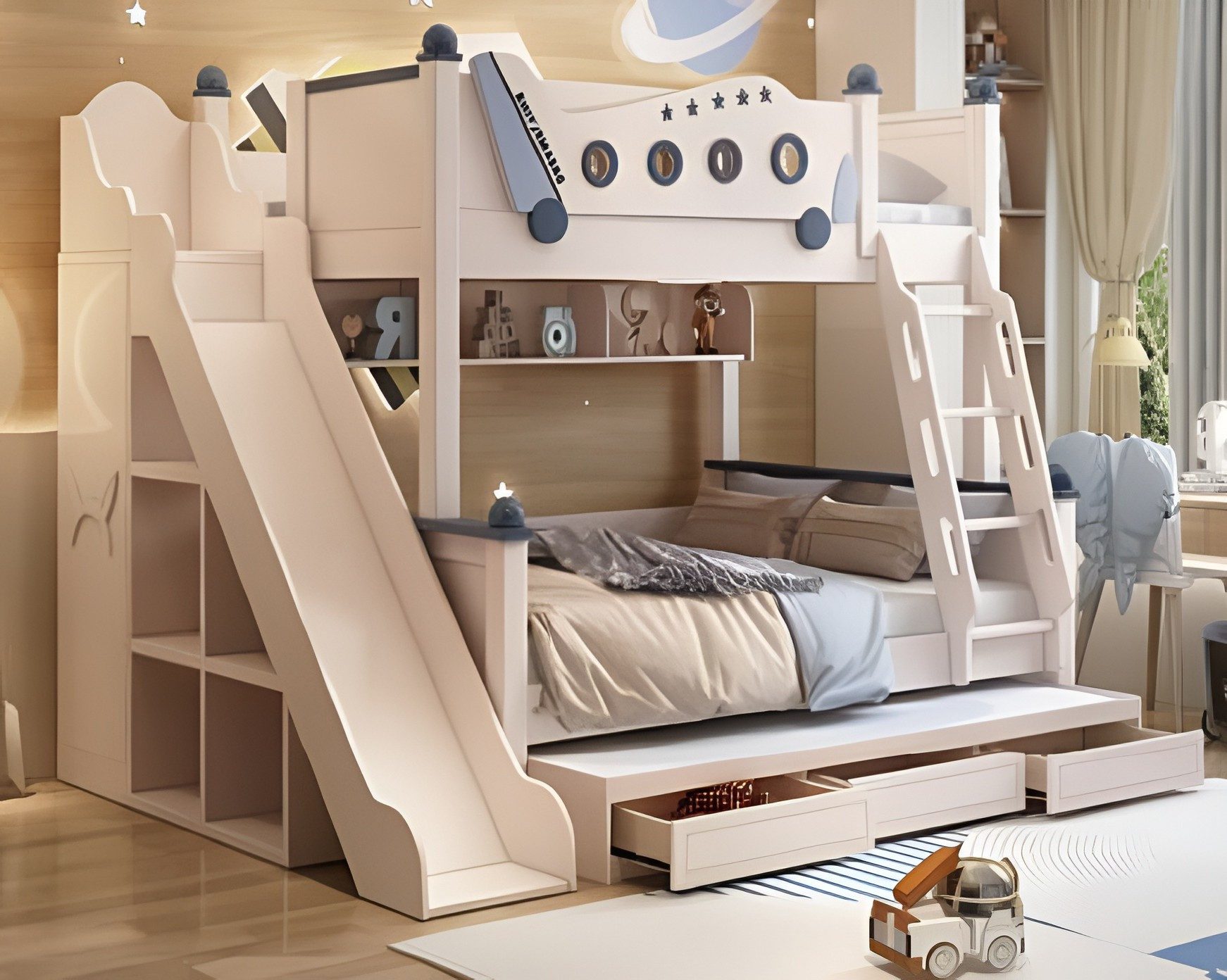 Xlmoebel Etagenbett XLMOEBEL Kinderbett in Weiß aus Holz mit Rutsche und Stauraum (Etagenbett, 1-St., Etagenbett mit Rutsche und Stauraum), Made in Europa