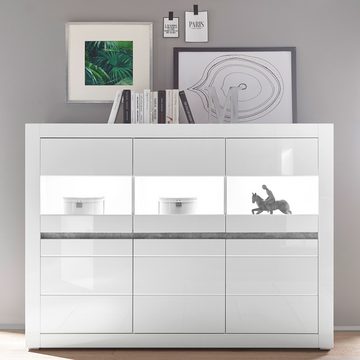 Lomadox Sideboard COGO-61, weiß Hochglanz und Griffmulden Betonoptik 164x131x42cm