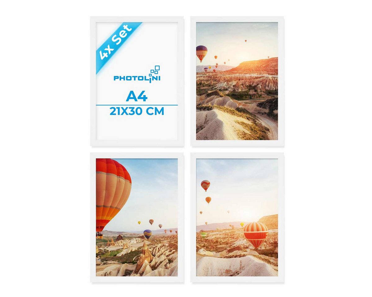 PHOTOLINI Bilderrahmen 4er Set 21x30 cm / DIN A4 Poster-Rahmen, zum Aufhängen & Aufstellen, für 4 Bilder (4er Set), MDF Holz, bruchsicheres Acrylglas & Zubehör, für Fotos & Poster