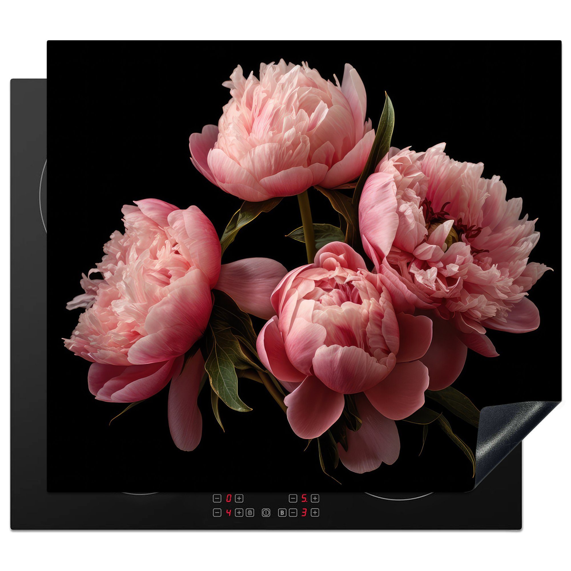 MuchoWow Herdblende-/Abdeckplatte Blumen - Pfingstrose (1 Ceranfeldabdeckung Vinyl, Arbeitsfläche - 60x52 - - tlg), Botanisch Rosa Mobile cm, nutzbar, Natur