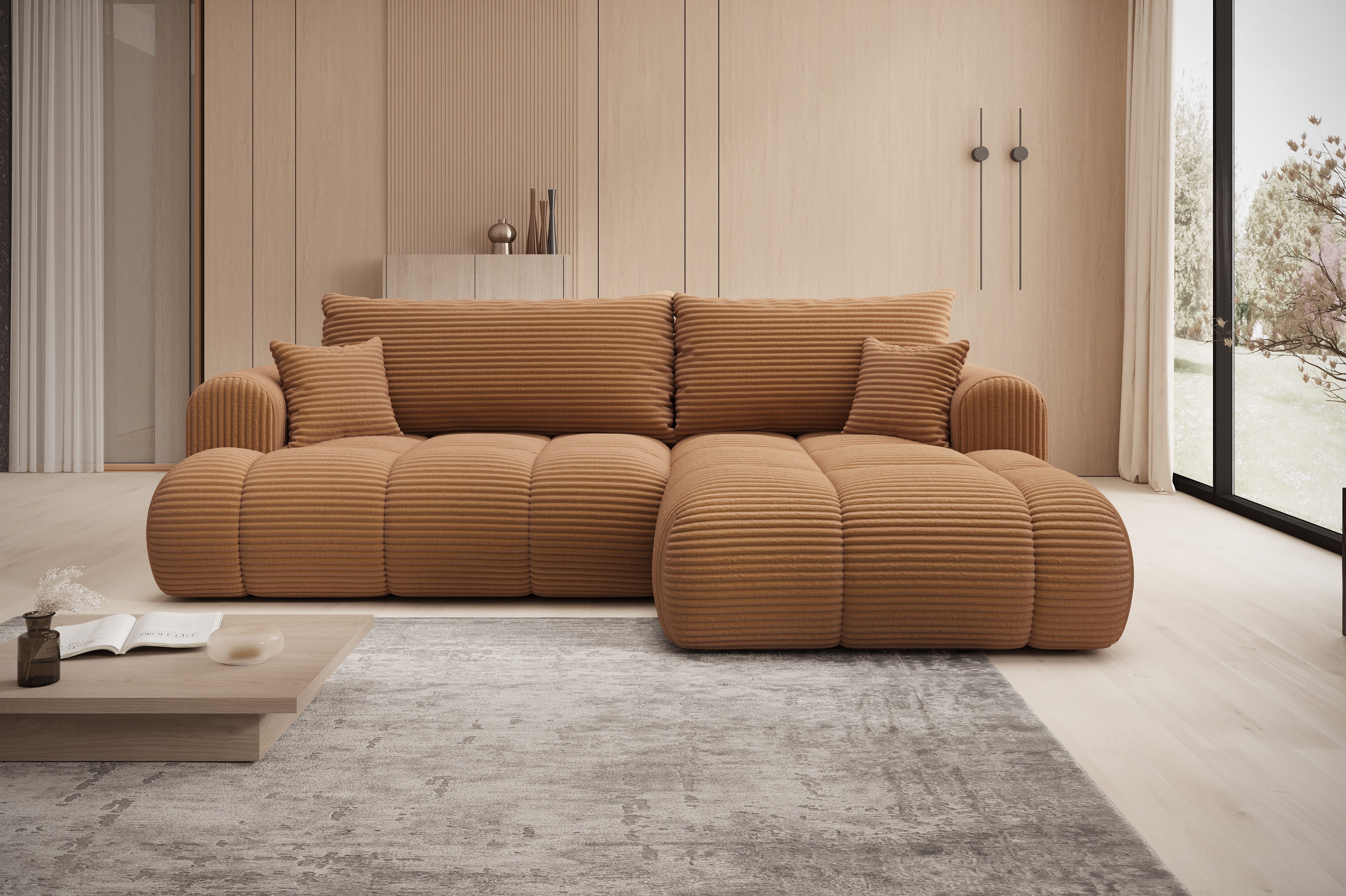 thematys Ecksofa TREVIO mit Schlaffunktion und Bettkasten, L-Form, Cord und Bouclé, 260 x 165cm - Luxus Couch mit Bettfunktion mit Bonnellfedern + 2 Kissen
