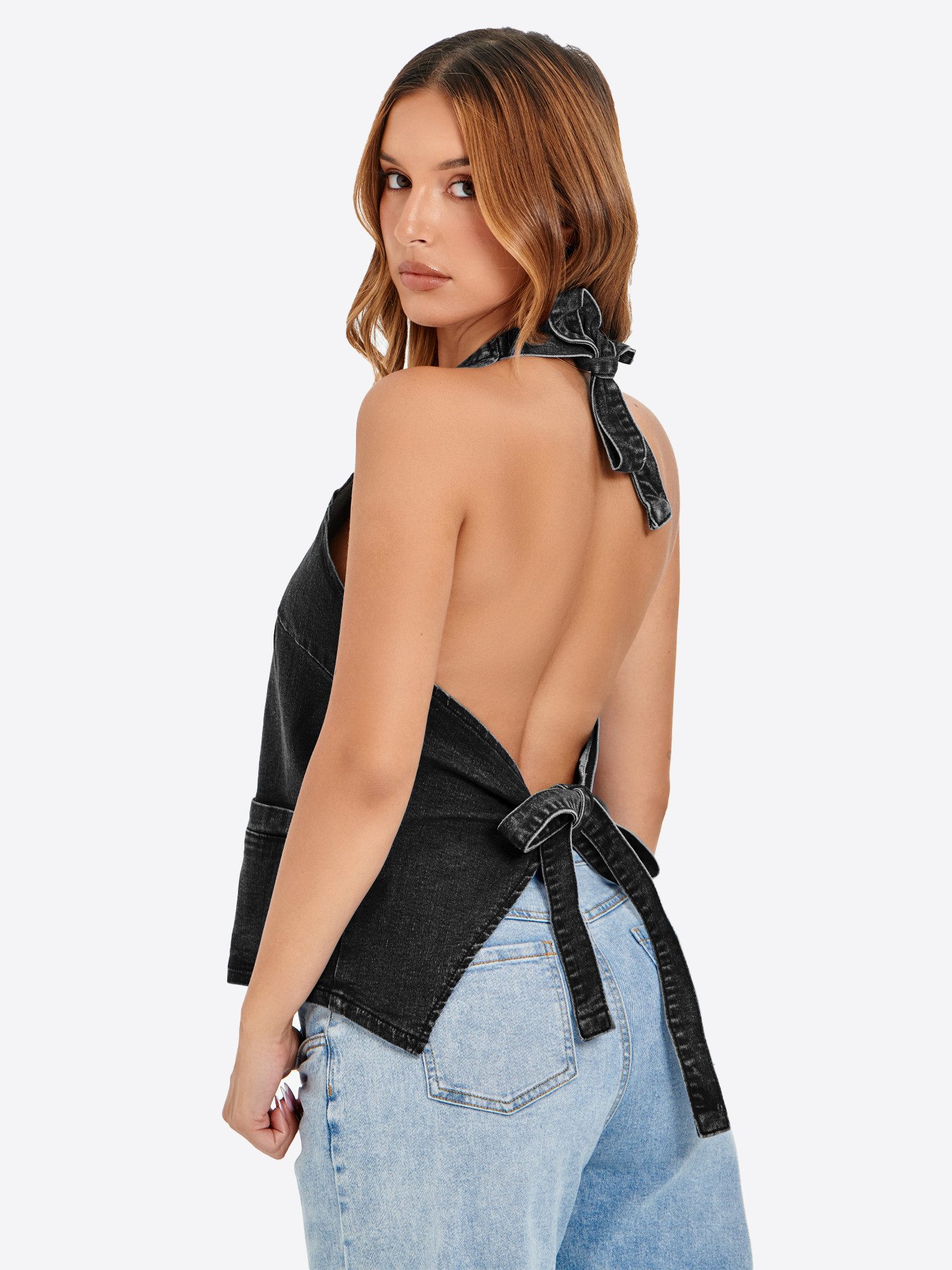 Imily Bela Jeansweste Damen Weste mit V-Ausschnitt und Rückenausschnitt (Packung, 1-tlg., 1per-Pack) mit Knöpfen