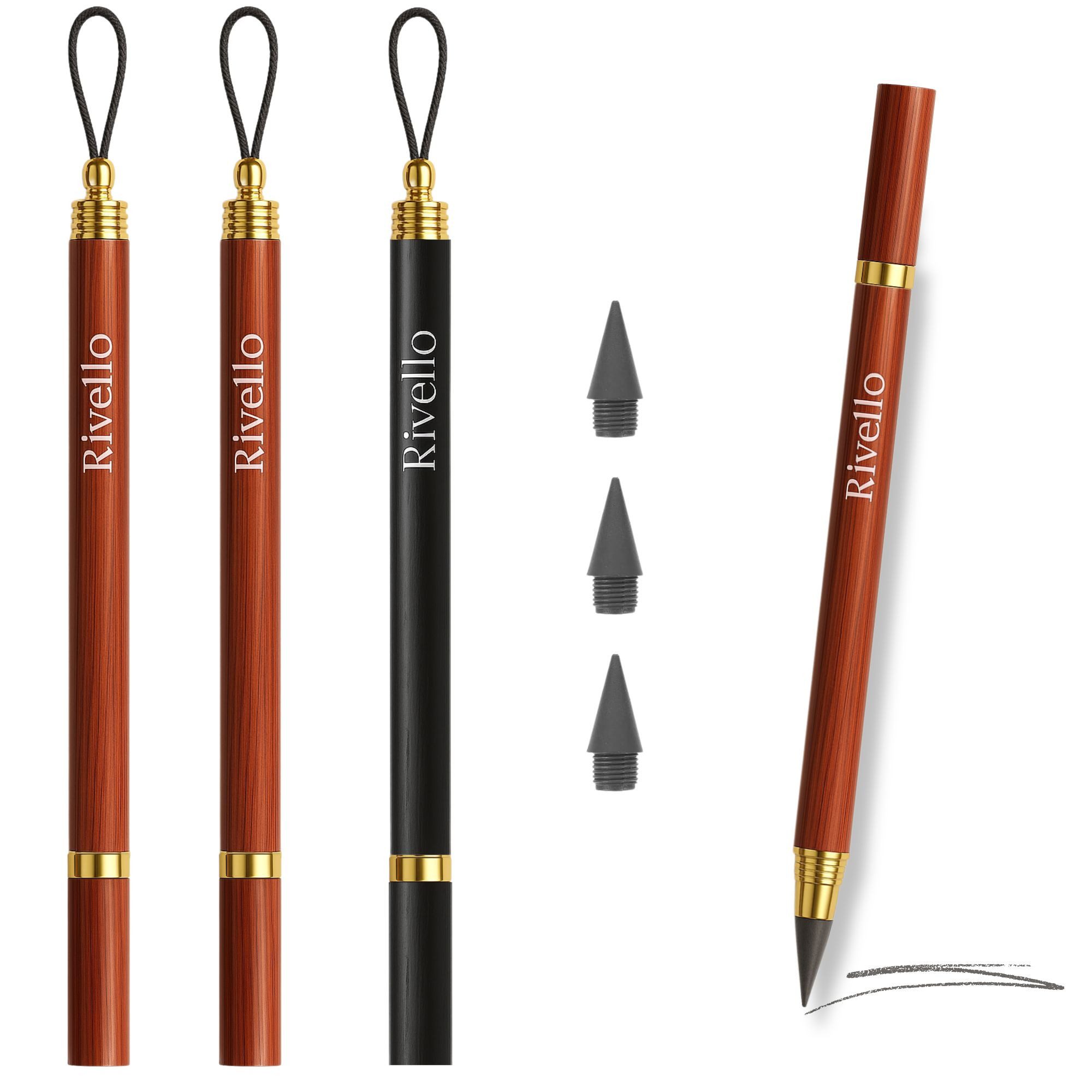 Rivello - Home & Living Bleistift aus Holz – schreibt ohne Anspitzen – mit Ersatzminen – Braun & Schwarz, (3-tlg)