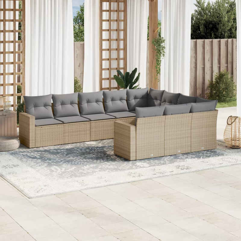 vidaXL Loungesofa 10-tlg. Garten-Sofagarnitur mit Kissen Beige Poly Rattan, 1 Teile