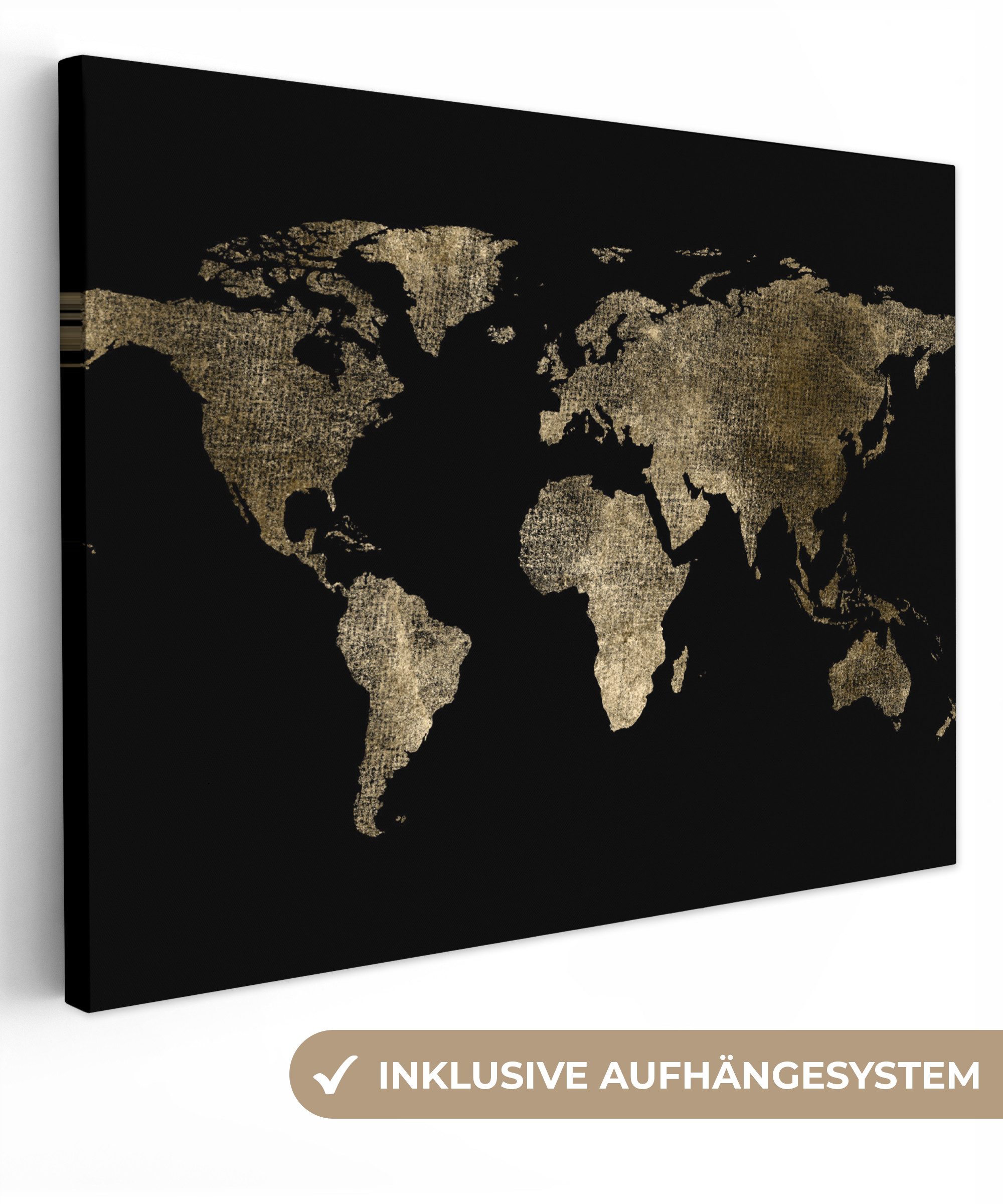 OneMillionCanvasses® Leinwandbild Weltkarte - Gold - Schwarz - Erde - Luxus, Fotodruck (1 St), Wandbild Leinwandbilder, Aufhängefertig, Wanddeko 40x30 cm