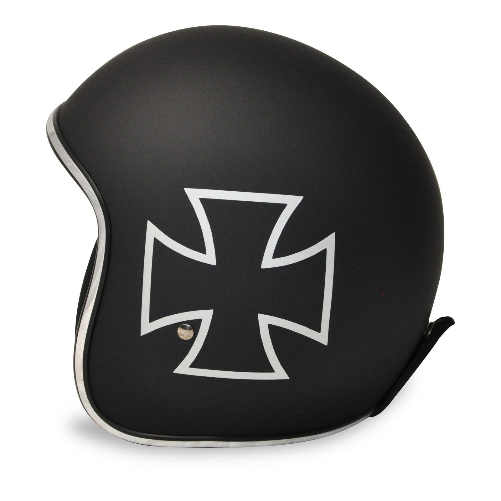 Alpha Speeds Motorradhelm ATELIER — Classic Iron Cross, Jet-Helm • Fiberglas • Matt Schwarz, nur ca. 800 g, inkl. herausnehmbare Wangenpolster, Slim & Smart Fit – Bild 2 von 2