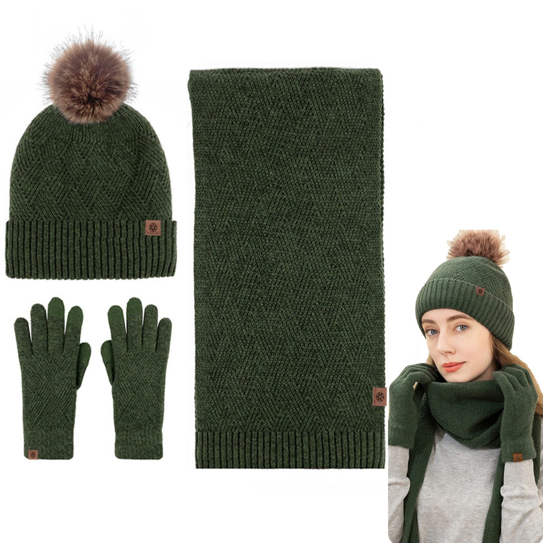 Mutig Mütze & Schal Mütze Schal Handschuh 3-Set,Gestrickte Touchscreen-Handschuhe (Winter Weich Warm,Warmes Strick-Set mit Futter,Damen Unisex, Hergestellt aus weichen Wolle,Winter Geschenk-Mehrfarbig) Geschenk zu Weihnachten, Erntedank oder Neujahr