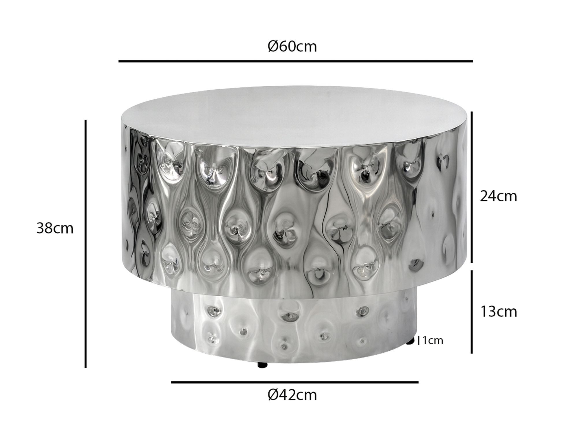 FINEBUY Couchtisch FB77624 Sofatisch Wohnzimmertisch Aluminium rund 60cm Beistelltisch (Stilvoller Kaffeetisch in edler Trommelform), Pflegeleichter Ablagetisch fertig montiert