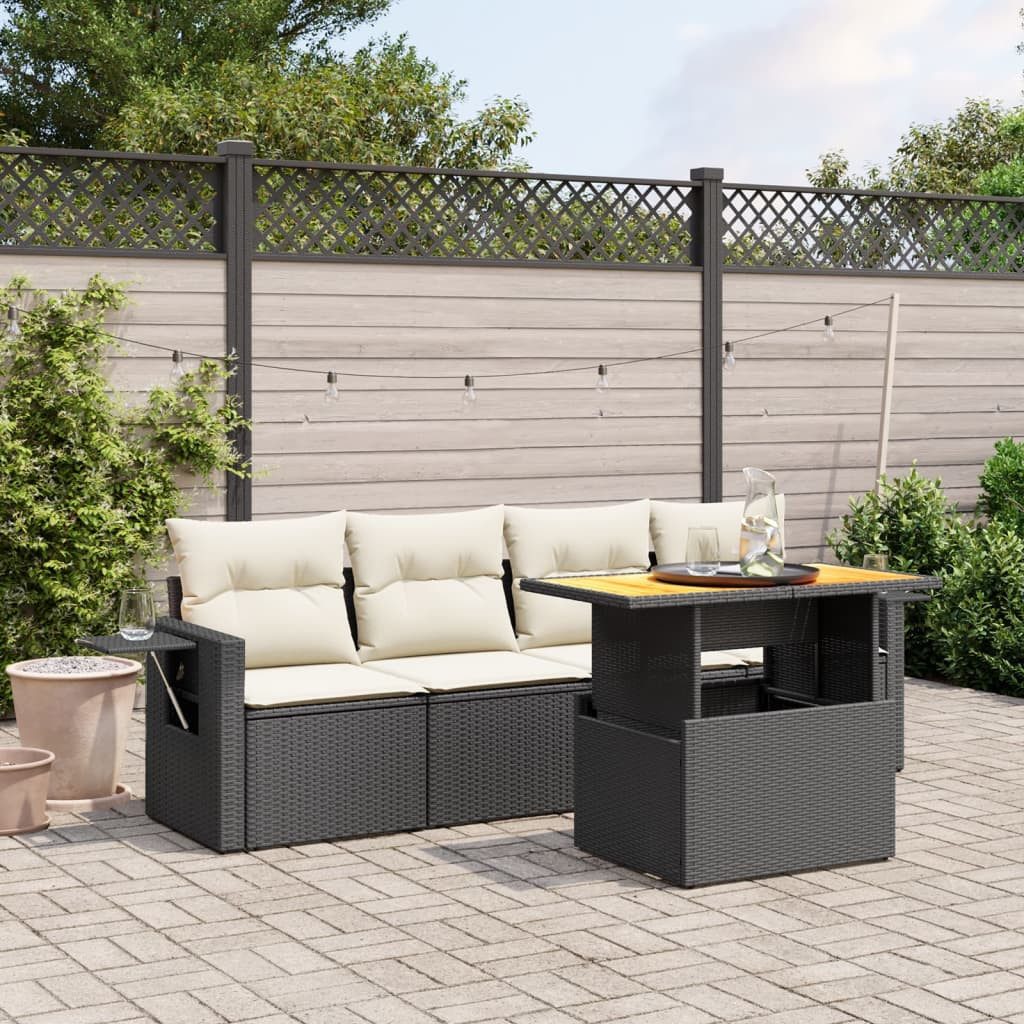 Garten-Essgruppe Garten-Sofagarnitur Schwarz PE-Rattan mit Echtholz Tisch 100x55x44/73